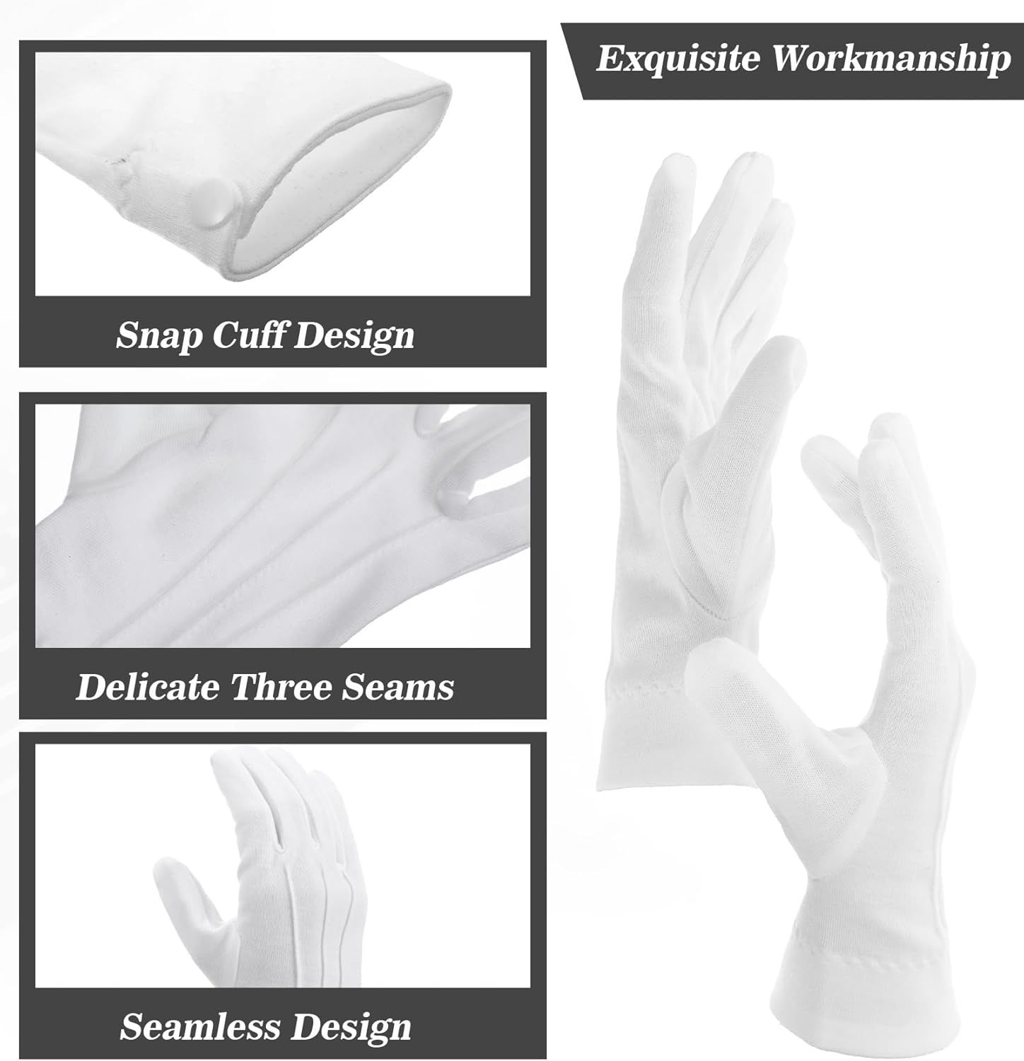 2 Pair White Gloves Men, White Cotton Gloves Santa Butler Marching Band Costume for Men, Perfect for Magician Parties, Christmas Costume, and Butler Band Dress-Up, 4Pcs - Image 3