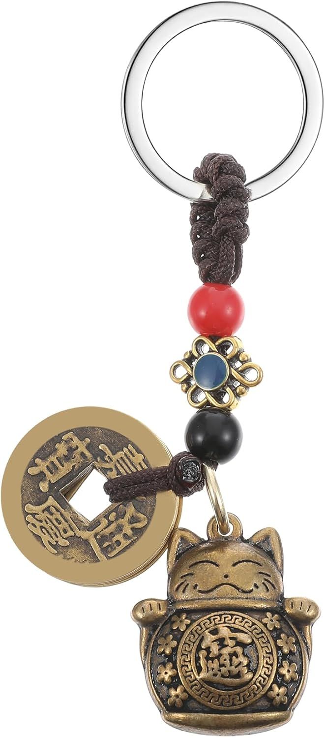 Lucky Cat Keychain, with Five Emperors Money Feng Shui Coins, Maneki Neko Good Luck Charms Lucky Tassel, Chinese Style Good Luck Charms - Image 1