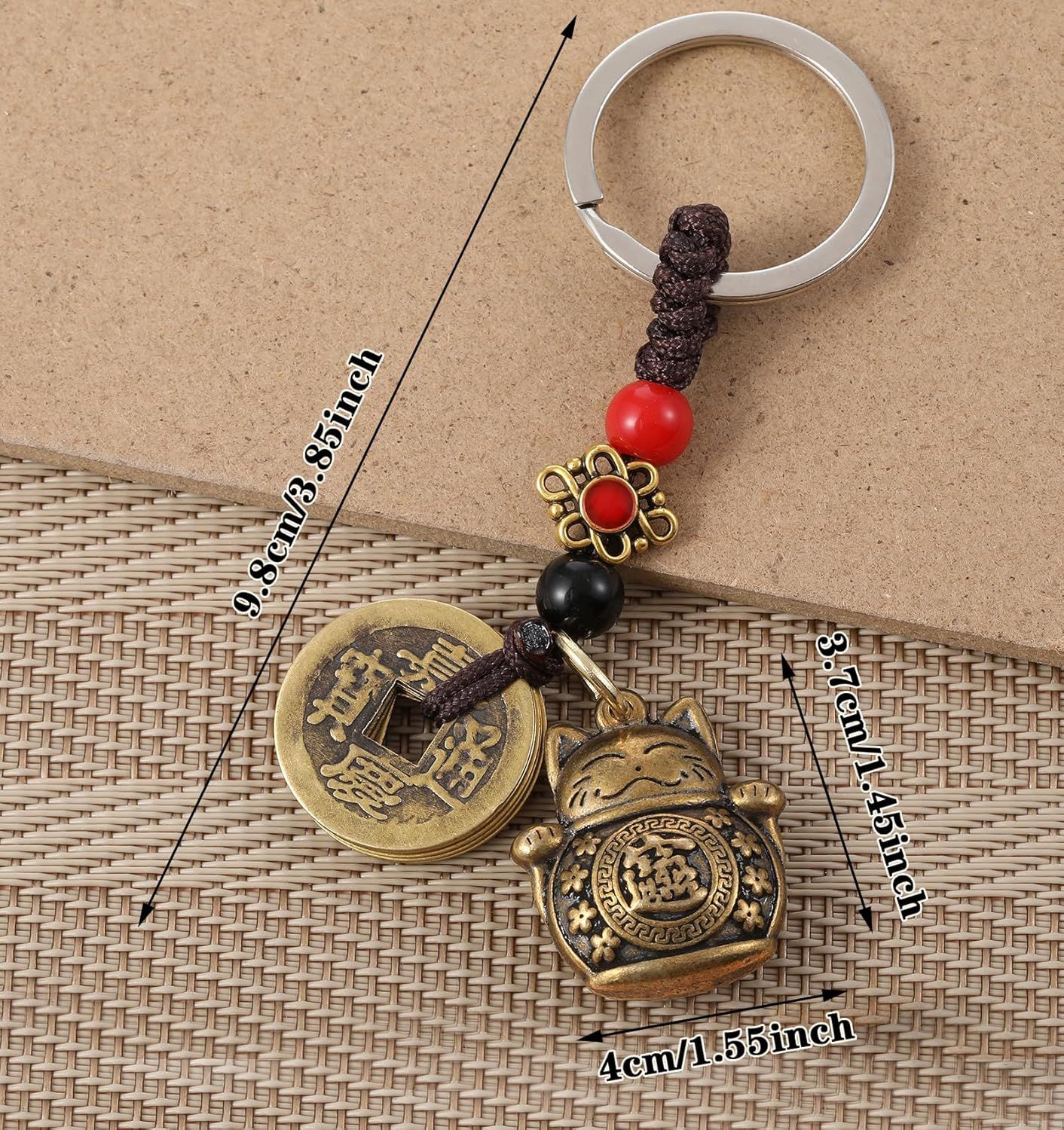Lucky Cat Keychain, with Five Emperors Money Feng Shui Coins, Maneki Neko Good Luck Charms Lucky Tassel, Chinese Style Good Luck Charms - Image 2