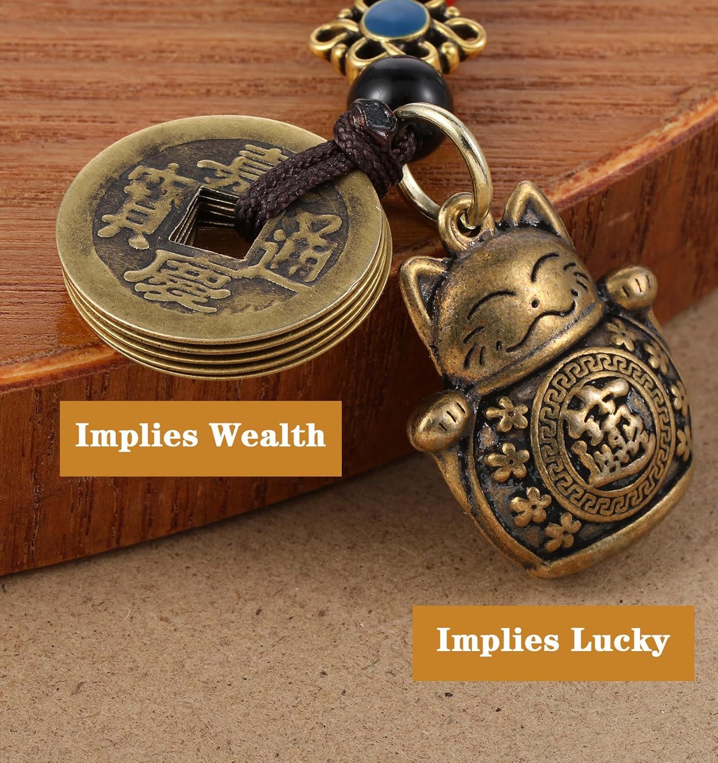 Lucky Cat Keychain, with Five Emperors Money Feng Shui Coins, Maneki Neko Good Luck Charms Lucky Tassel, Chinese Style Good Luck Charms - Image 3