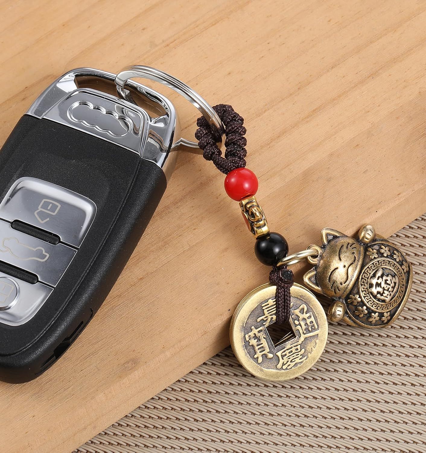 Lucky Cat Keychain, with Five Emperors Money Feng Shui Coins, Maneki Neko Good Luck Charms Lucky Tassel, Chinese Style Good Luck Charms - Image 4