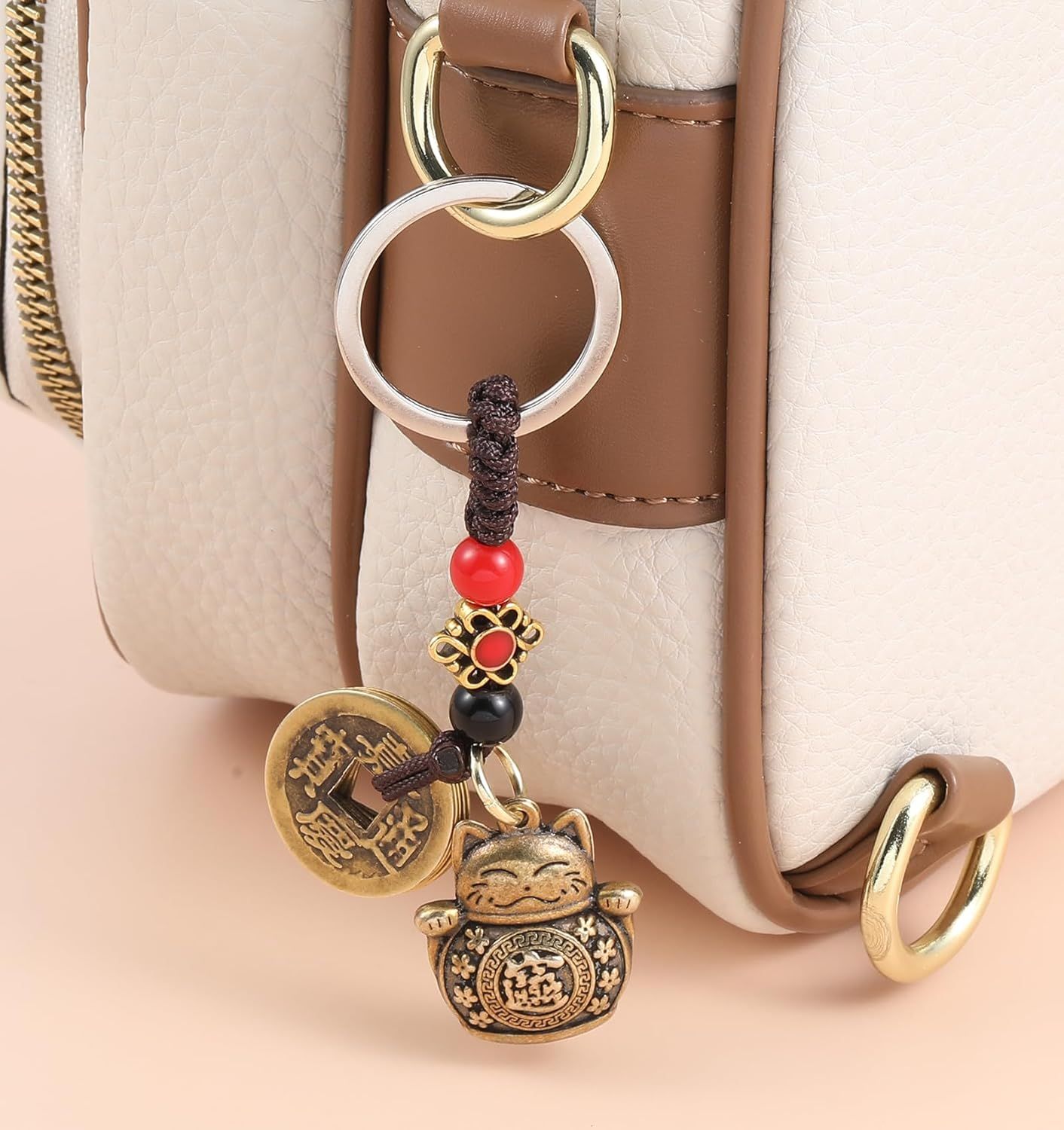 Lucky Cat Keychain, with Five Emperors Money Feng Shui Coins, Maneki Neko Good Luck Charms Lucky Tassel, Chinese Style Good Luck Charms - Image 5