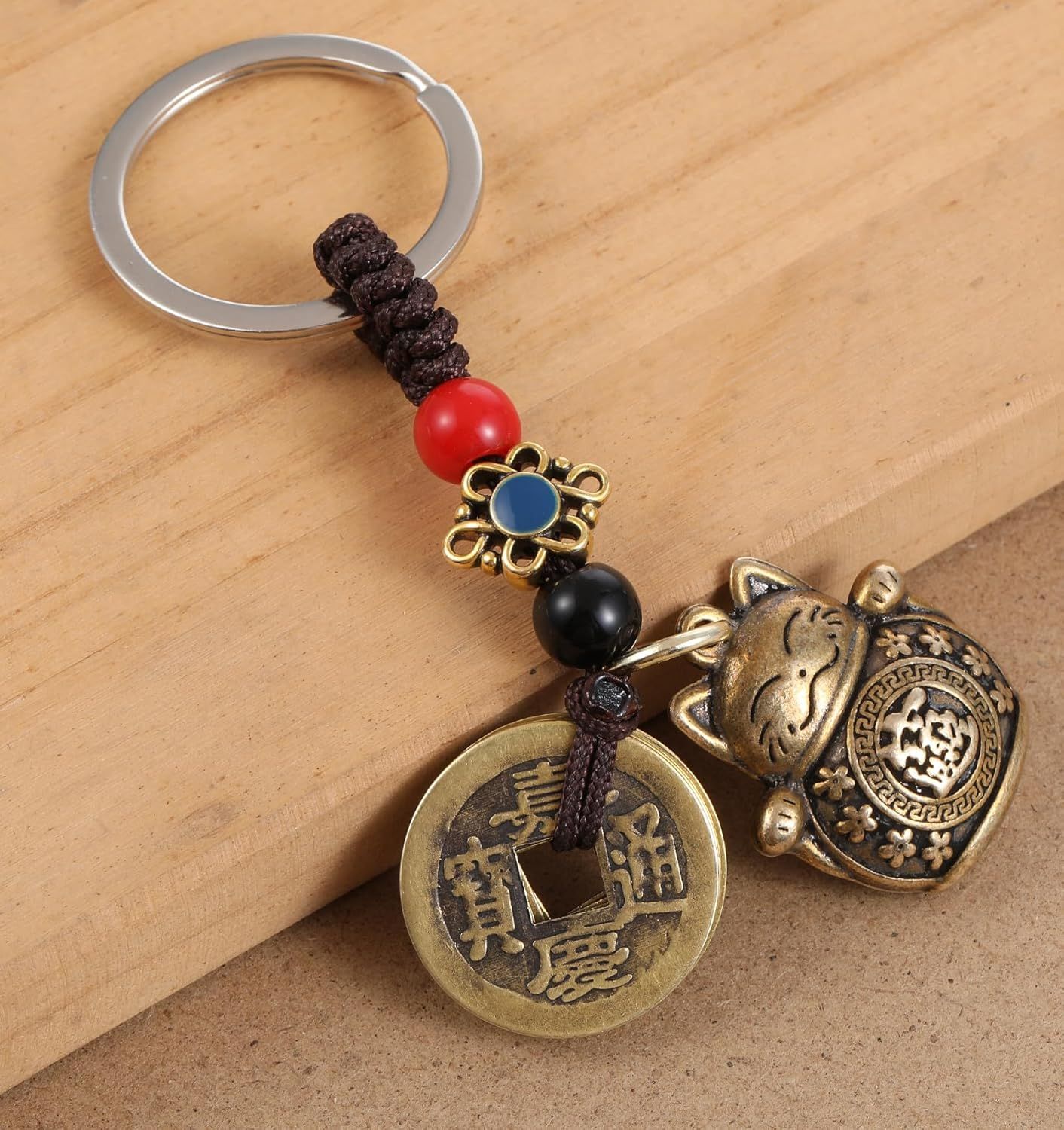 Lucky Cat Keychain, with Five Emperors Money Feng Shui Coins, Maneki Neko Good Luck Charms Lucky Tassel, Chinese Style Good Luck Charms - Image 7
