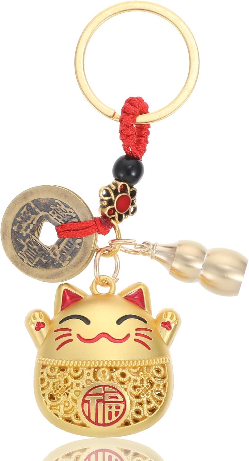 Lucky Cat Keychain, Good Luck Keychain with Feng Shui Coins, Tassel ＆ Gourd, Maneki Statue Charm for Good Luck, Gift for Cat Lovers - Image 1