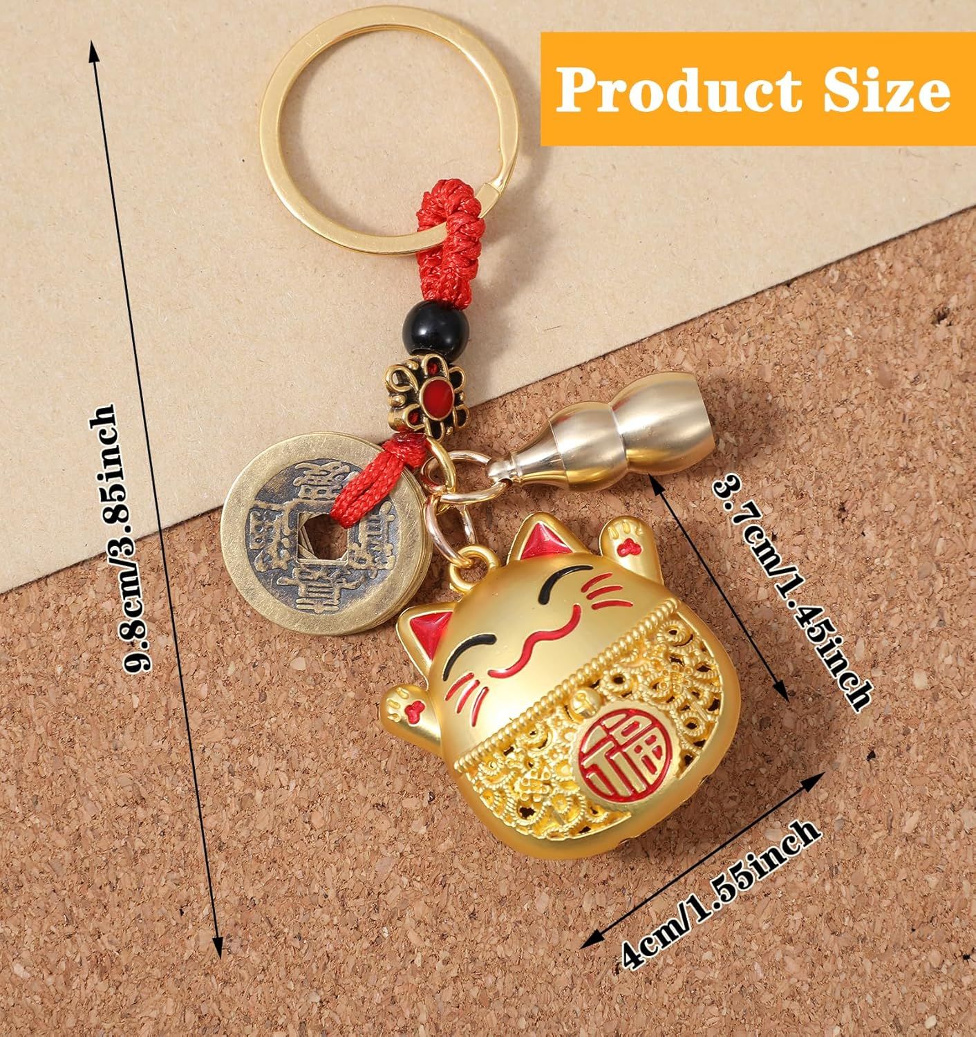 Lucky Cat Keychain, Good Luck Keychain with Feng Shui Coins, Tassel ＆ Gourd, Maneki Statue Charm for Good Luck, Gift for Cat Lovers - Image 2