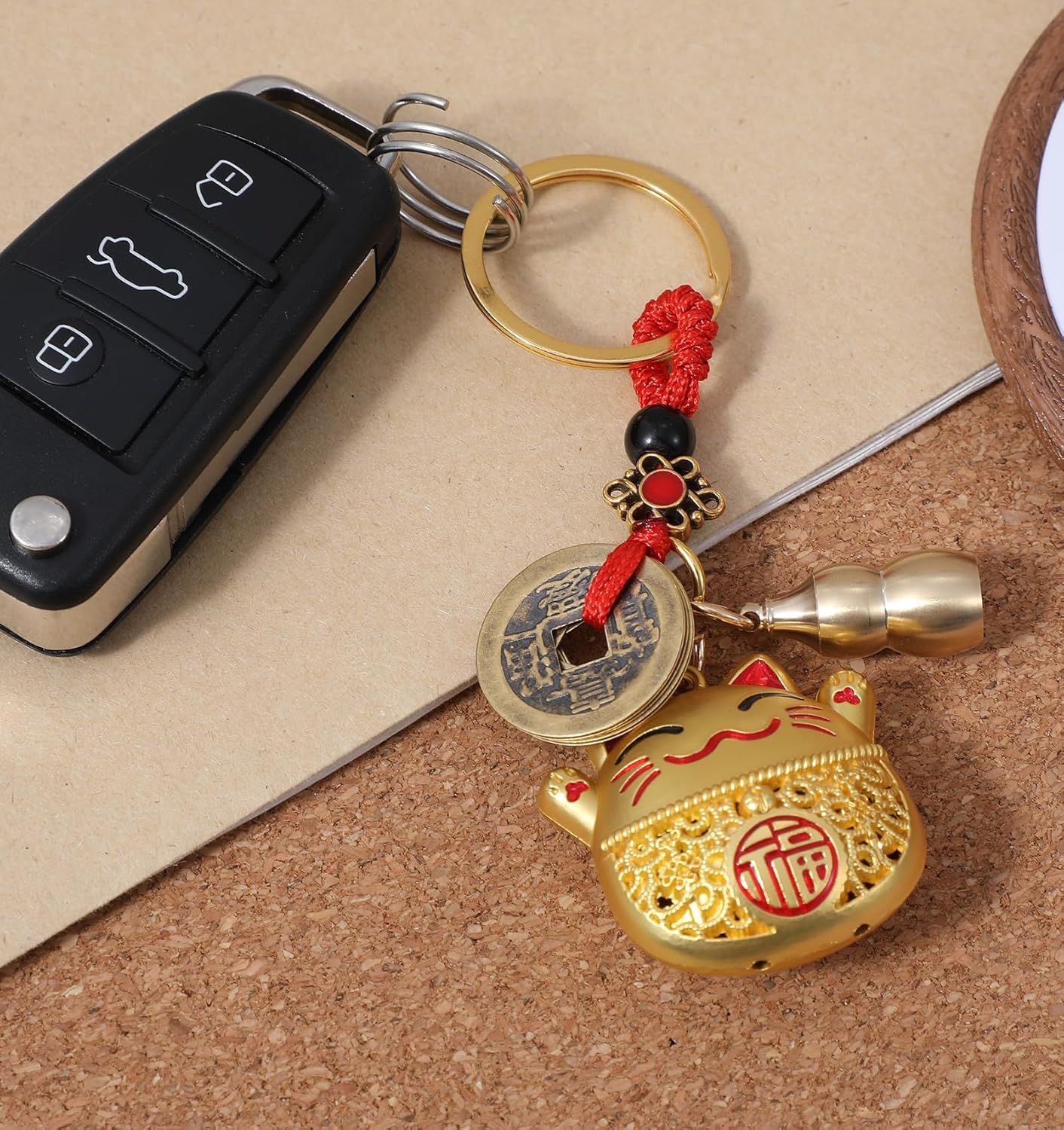 Lucky Cat Keychain, Good Luck Keychain with Feng Shui Coins, Tassel ＆ Gourd, Maneki Statue Charm for Good Luck, Gift for Cat Lovers - Image 3