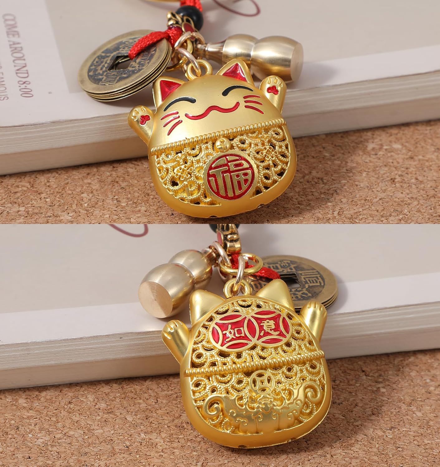 Lucky Cat Keychain, Good Luck Keychain with Feng Shui Coins, Tassel ＆ Gourd, Maneki Statue Charm for Good Luck, Gift for Cat Lovers - Image 4