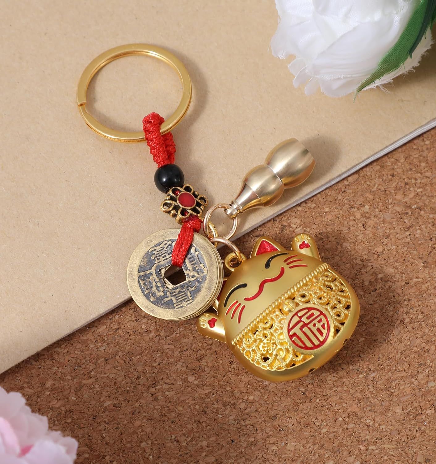 Lucky Cat Keychain, Good Luck Keychain with Feng Shui Coins, Tassel ＆ Gourd, Maneki Statue Charm for Good Luck, Gift for Cat Lovers - Image 5
