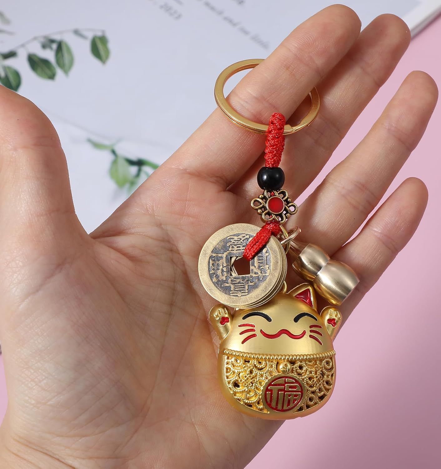 Lucky Cat Keychain, Good Luck Keychain with Feng Shui Coins, Tassel ＆ Gourd, Maneki Statue Charm for Good Luck, Gift for Cat Lovers - Image 6