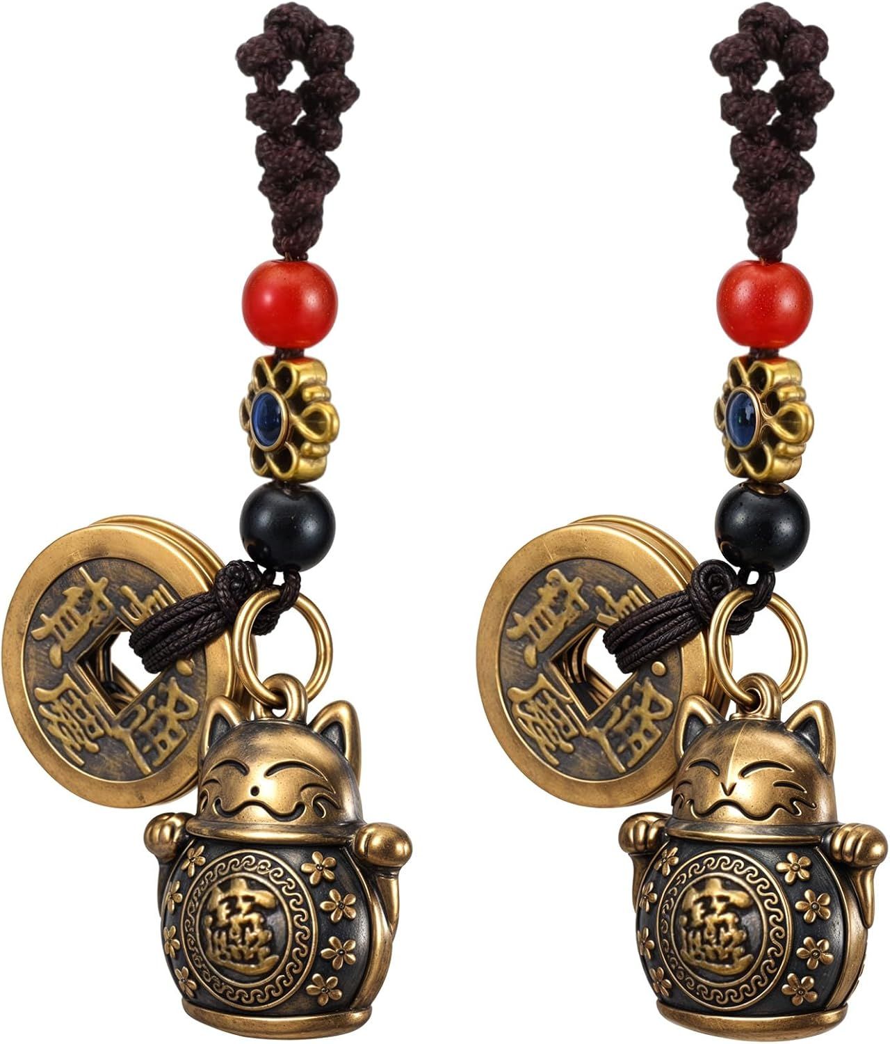 Lucky Cat Keychain, 2 Pcs Japanese Keychain with Feng Shui Coins, Maneki Neko Lucky Cat Charm for Women, Girls, Kids - Image 1