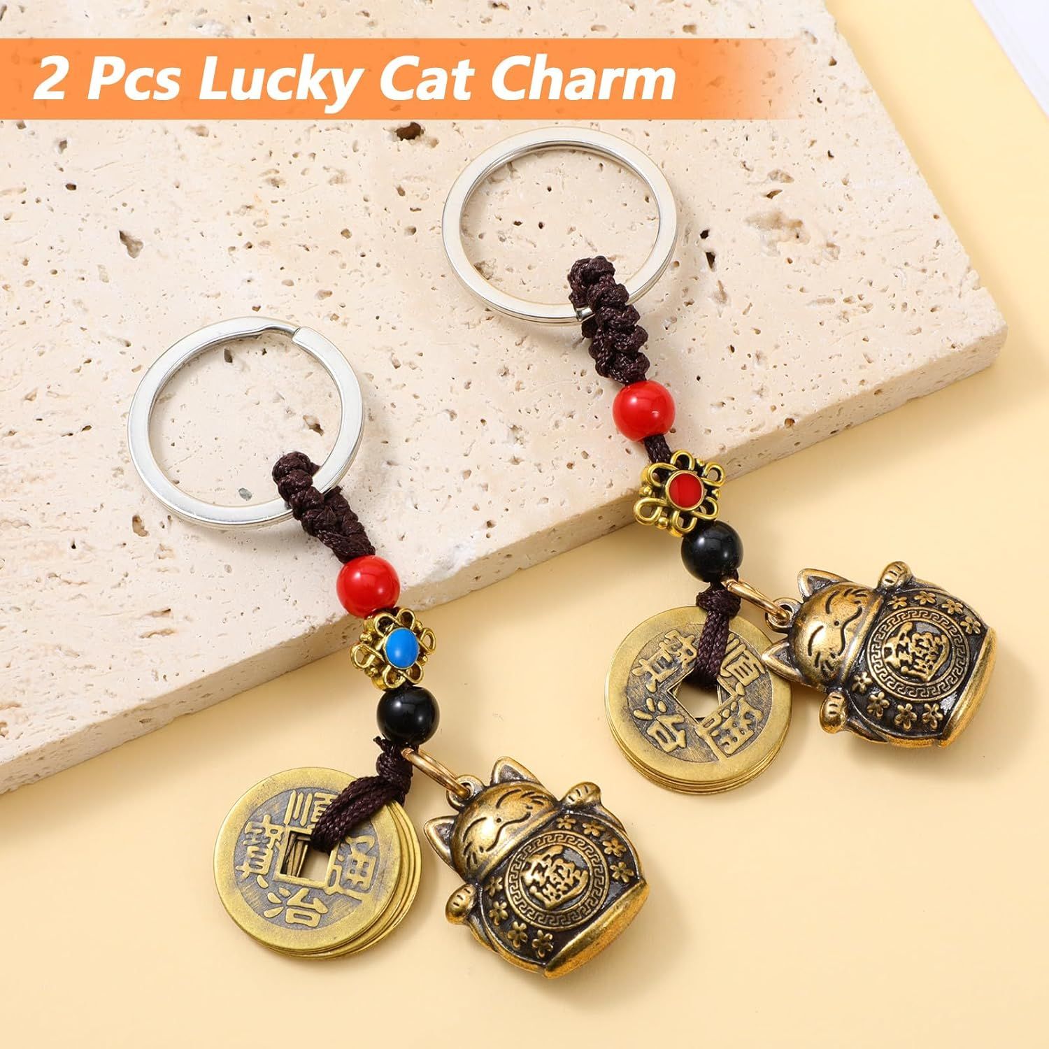 Lucky Cat Keychain, 2 Pcs Japanese Keychain with Feng Shui Coins, Maneki Neko Lucky Cat Charm for Women, Girls, Kids - Image 2