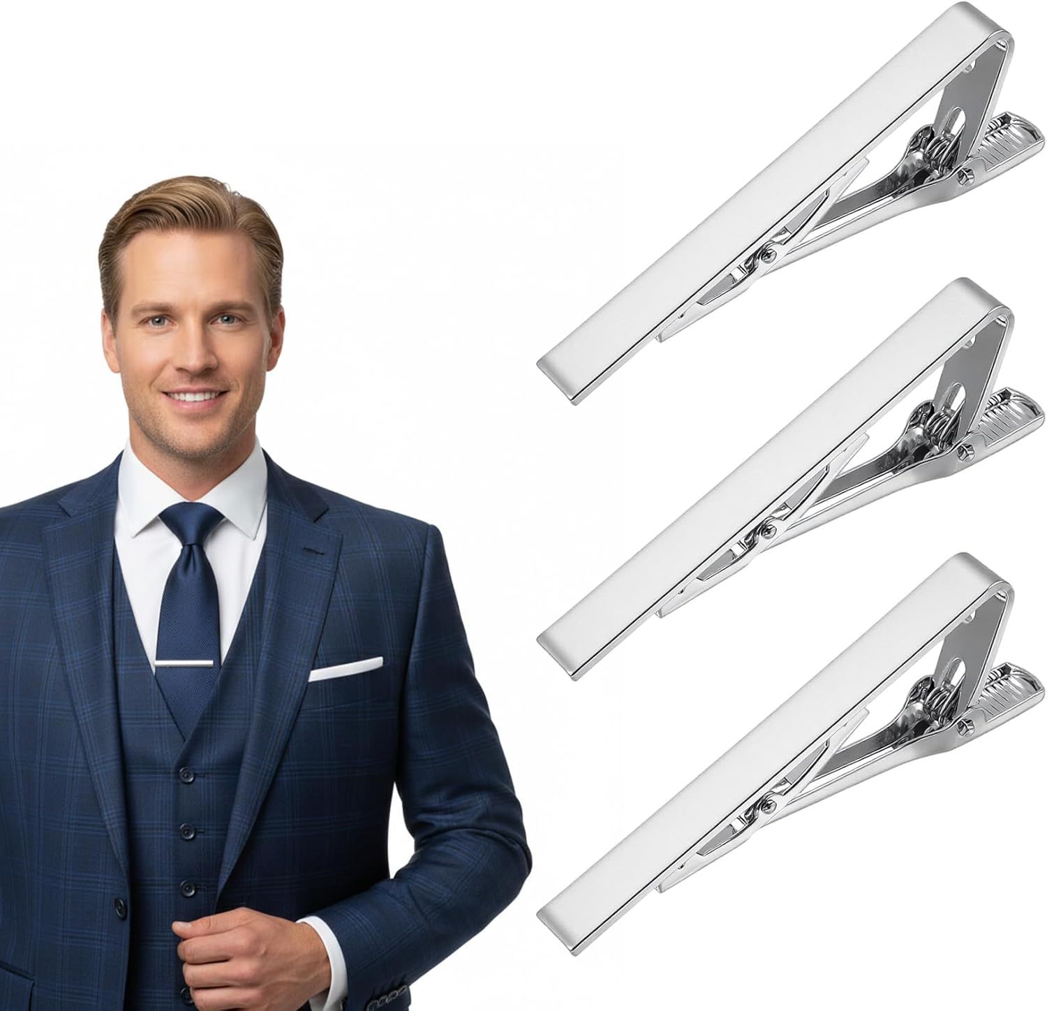 3 Pack Tie Bar Silver, Silver Tie Clip for Men Stainless Steel Necktie Bars, Anti-Slip Grip for Office Wedding Party - Image 1