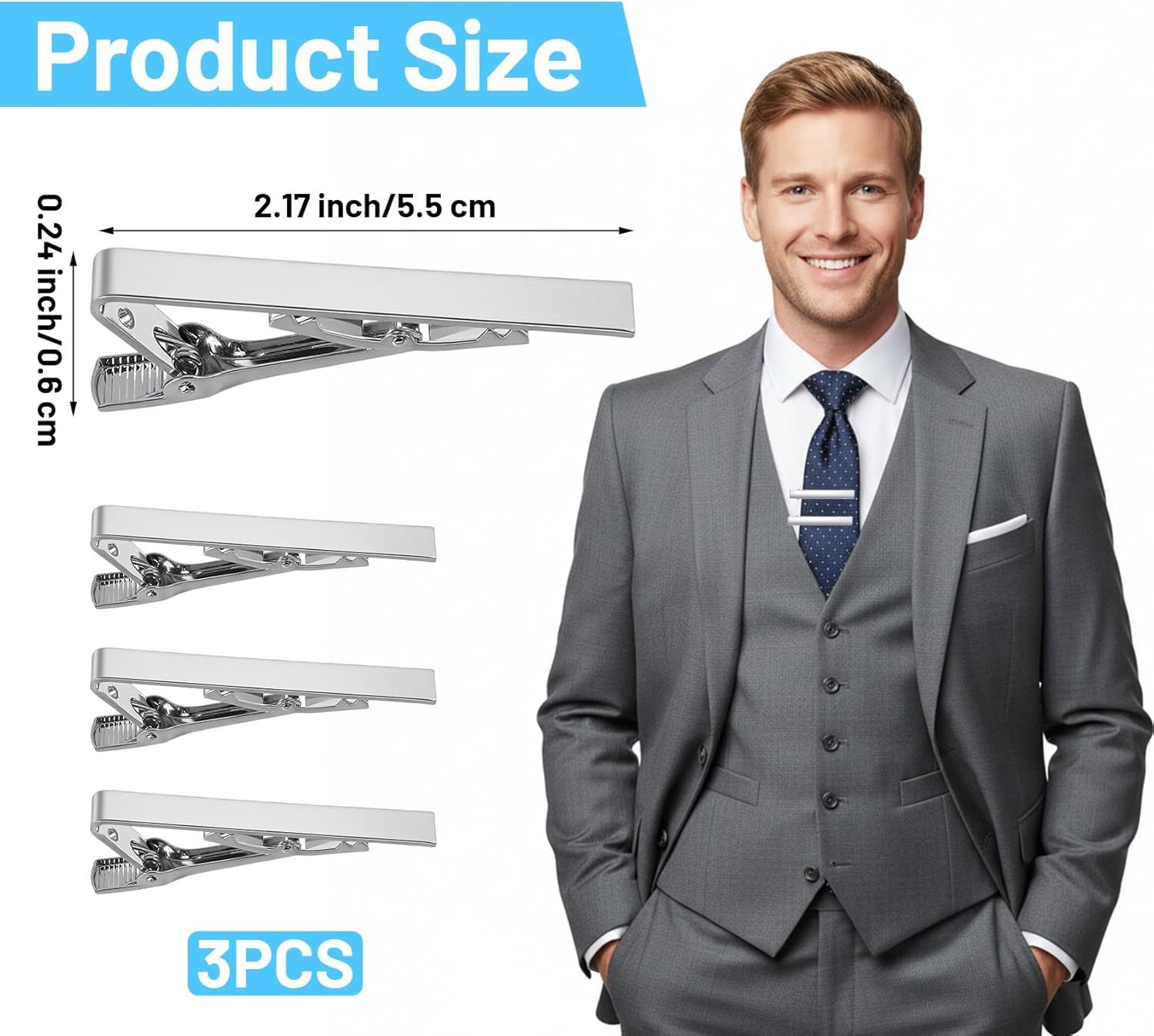 3 Pack Tie Bar Silver, Silver Tie Clip for Men Stainless Steel Necktie Bars, Anti-Slip Grip for Office Wedding Party - Image 2