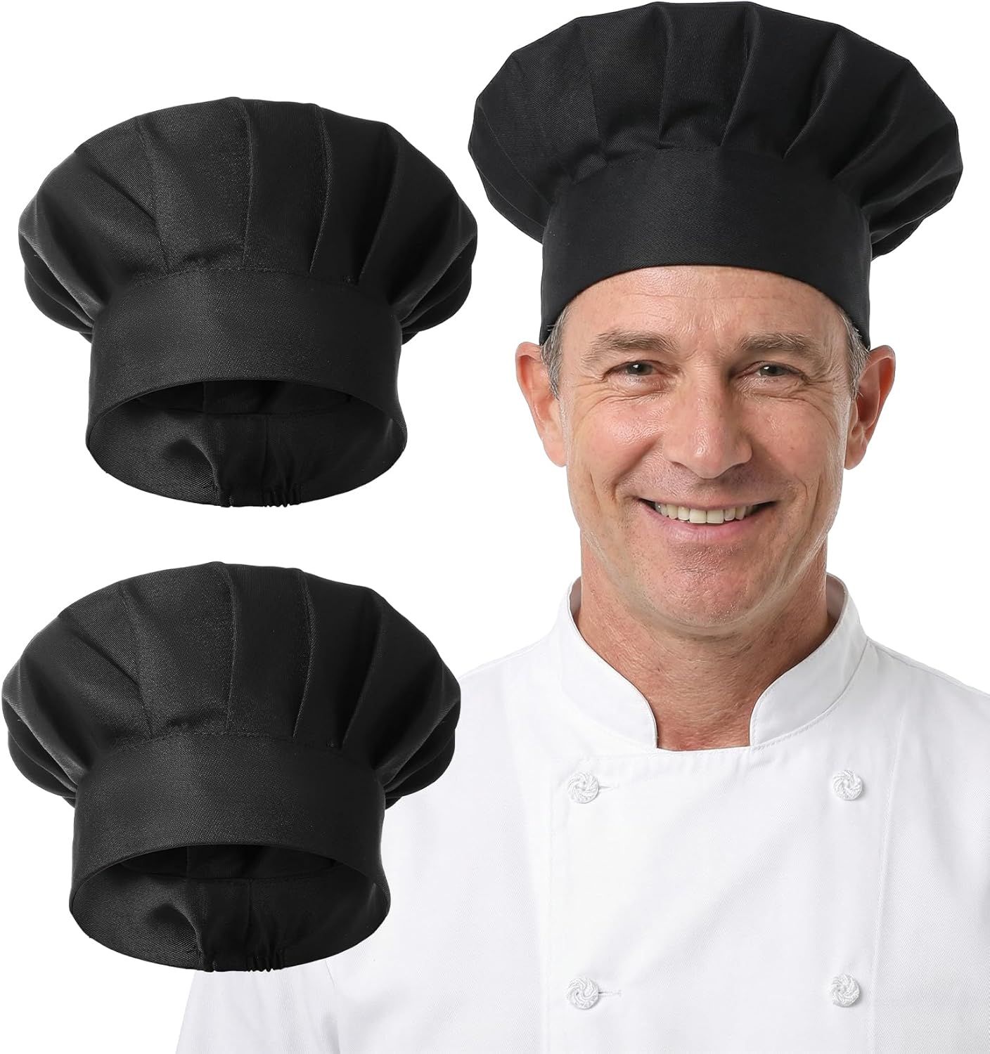 2PCS Black Chef Hat, Chef Cap for Men & Women, Breathable Baker's Hat for Cooking, Kitchen, Reusable & Washable - Image 1