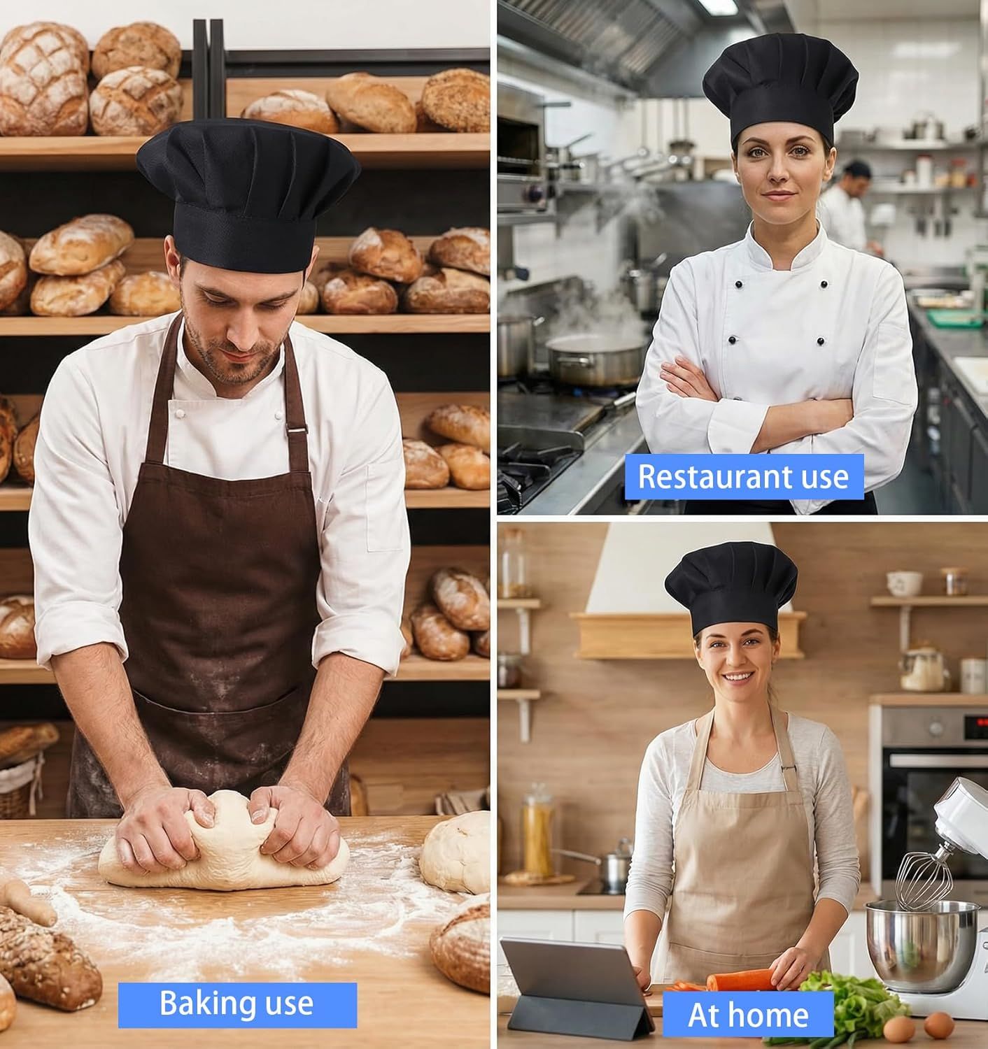 2PCS Black Chef Hat, Chef Cap for Men & Women, Breathable Baker's Hat for Cooking, Kitchen, Reusable & Washable - Image 3