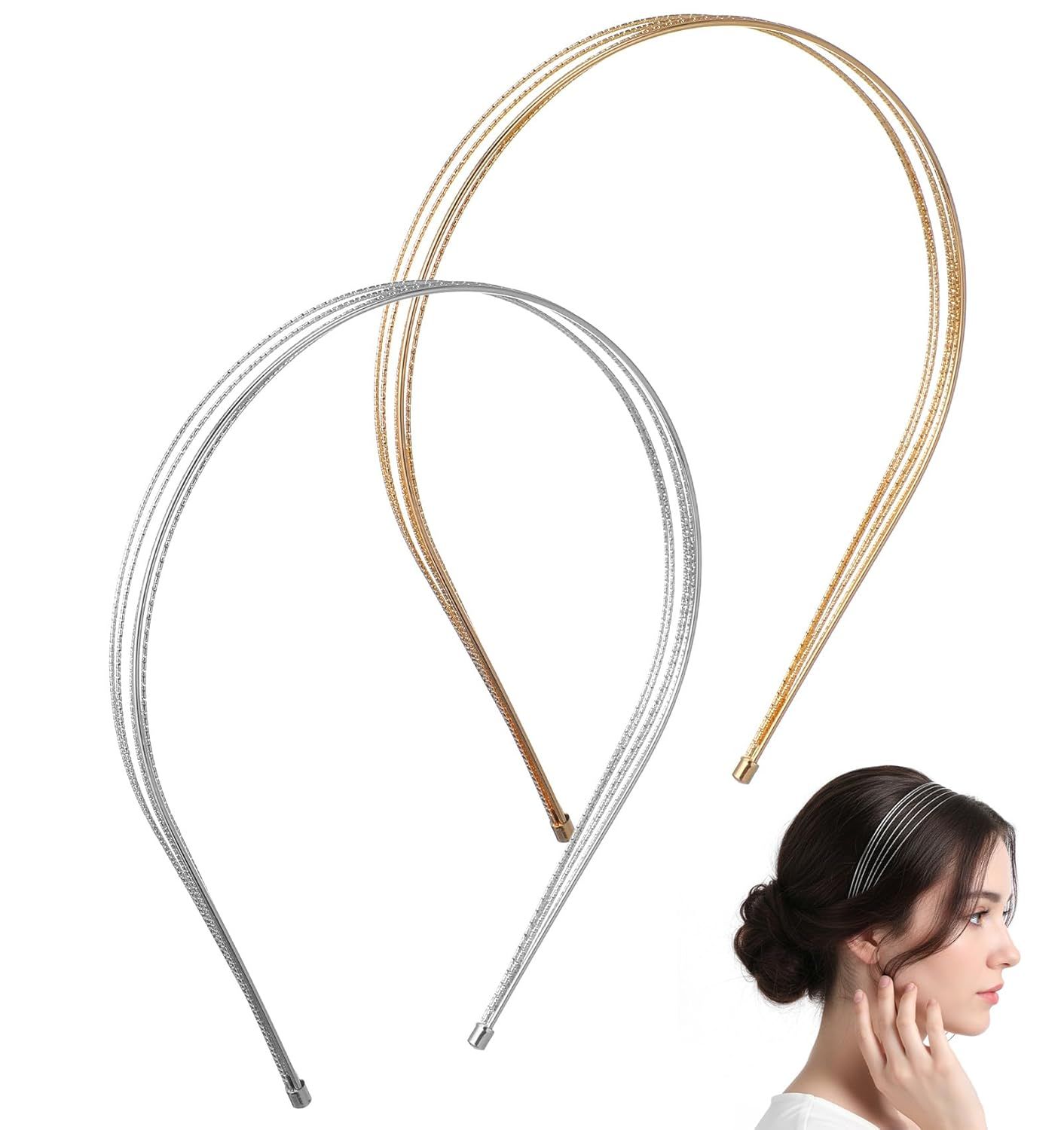 2Pcs Metal Headbands for Women, Silver & Gold Thin Metal Headbands for Women Multi Layers Double Headband, Trendy Layered Design Perfect for Parties & Daily Wear - Image 1