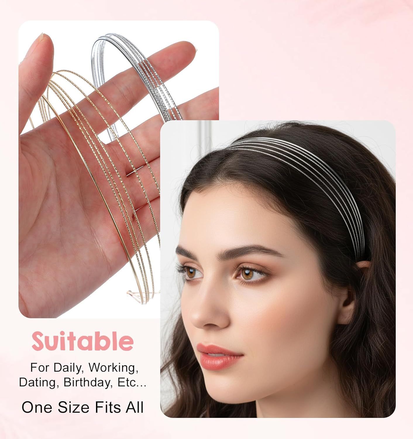 2Pcs Metal Headbands for Women, Silver & Gold Thin Metal Headbands for Women Multi Layers Double Headband, Trendy Layered Design Perfect for Parties & Daily Wear - Image 3