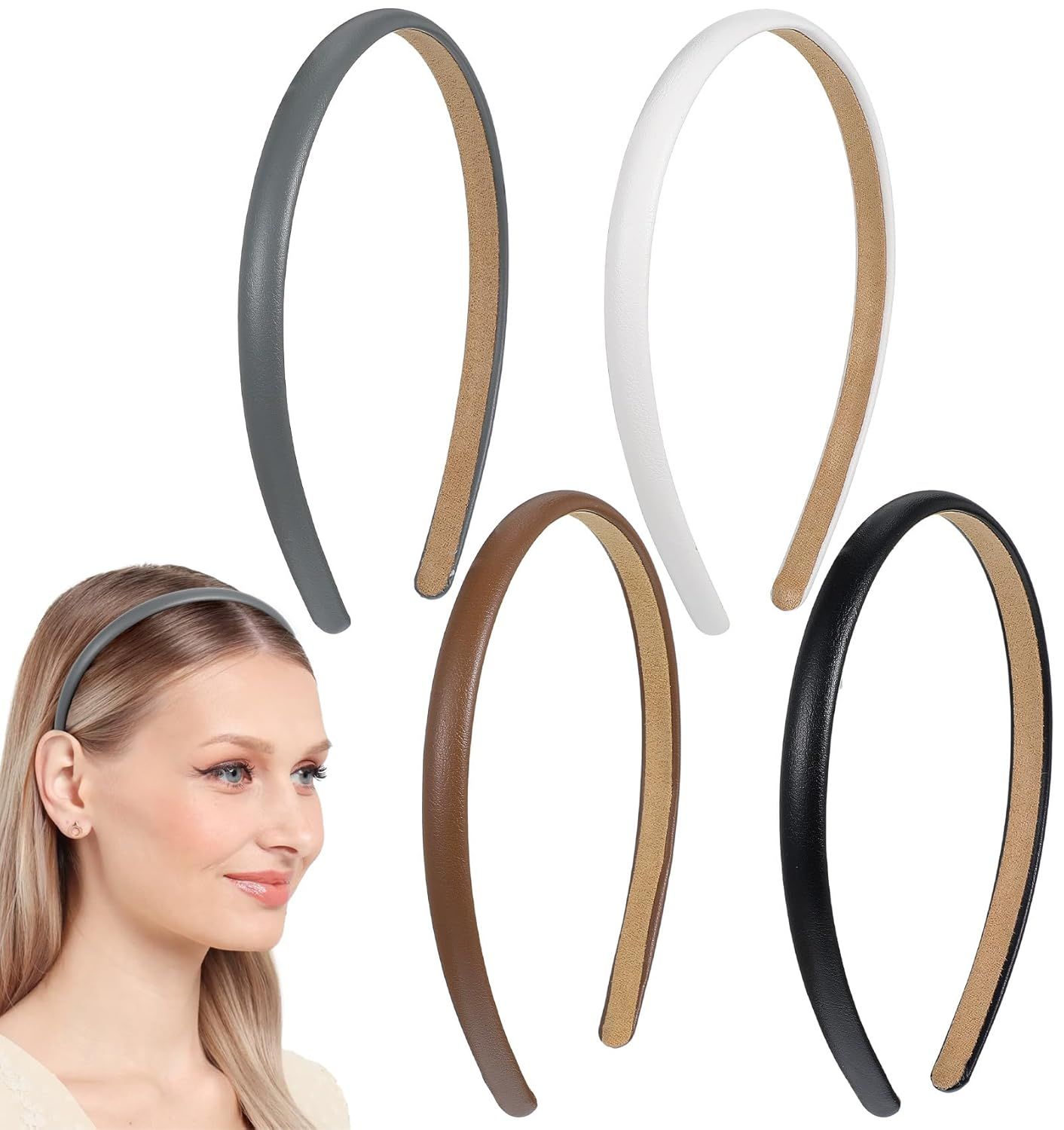 4Pcs Skinny Leather Headbands for Women, Skinny Headbands for Women Non Slip Suitable for Casual Office and Stylish Daily Wear - Image 1