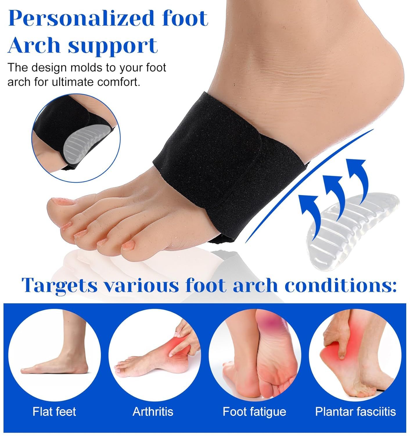 2 Pcs Plantar Fasciitis Relief, Adjustable Arch Support Neoprene Flat Foot Corrector Fallen Arch Supports Pads for Plantar Fasciitis, Gel Pads Bands Wear Over or Under Socks, Black 1 Pair - Image 5