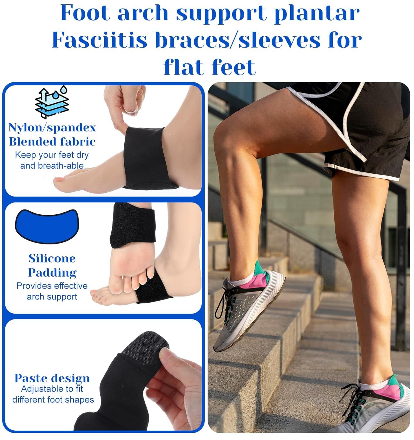 2 Pcs Plantar Fasciitis Relief, Adjustable Arch Support Neoprene Flat Foot Corrector Fallen Arch Supports Pads for Plantar Fasciitis, Gel Pads Bands Wear Over or Under Socks, Black 1 Pair - Image 6