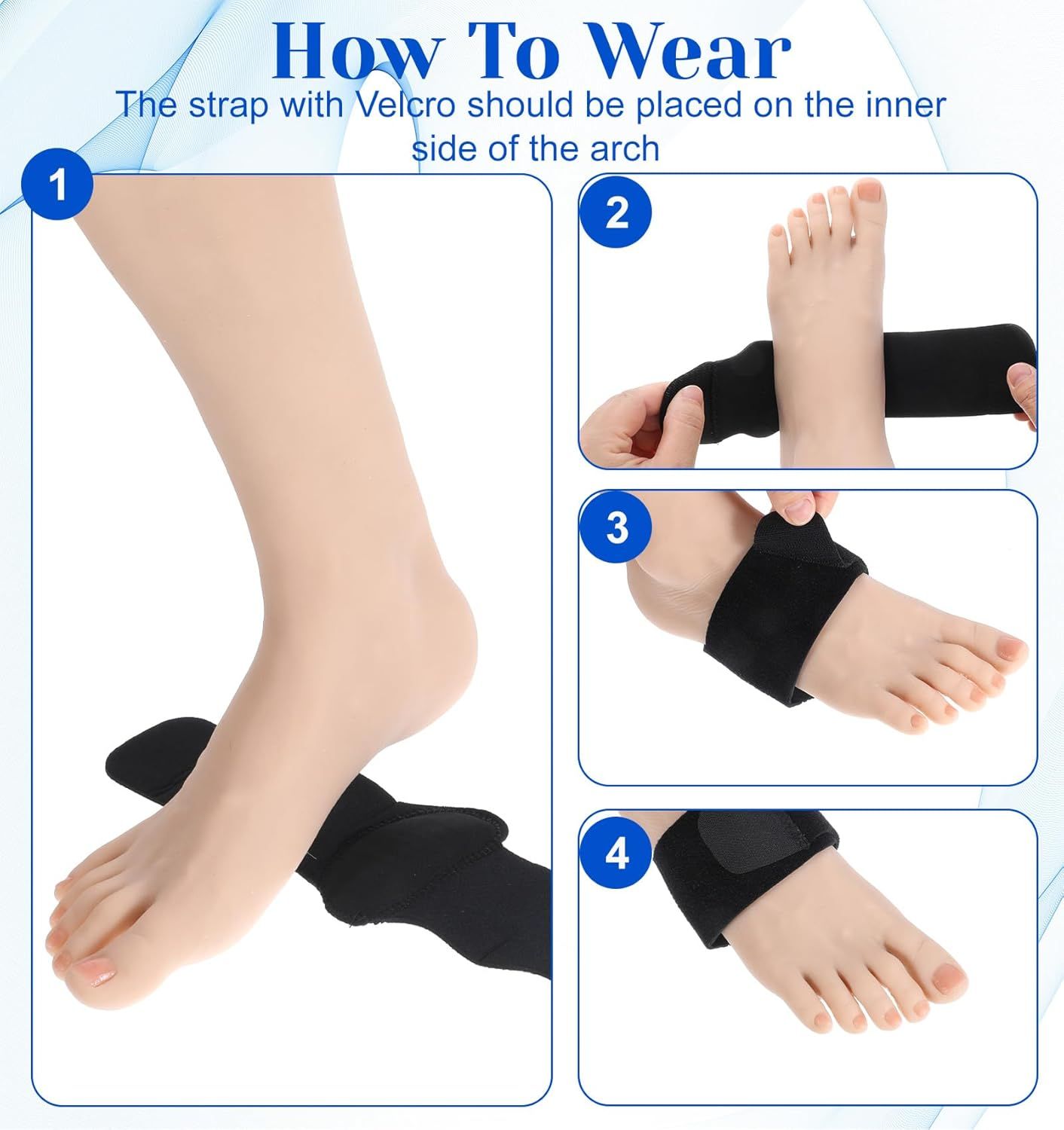 2 Pcs Plantar Fasciitis Relief, Adjustable Arch Support Neoprene Flat Foot Corrector Fallen Arch Supports Pads for Plantar Fasciitis, Gel Pads Bands Wear Over or Under Socks, Black 1 Pair - Image 7