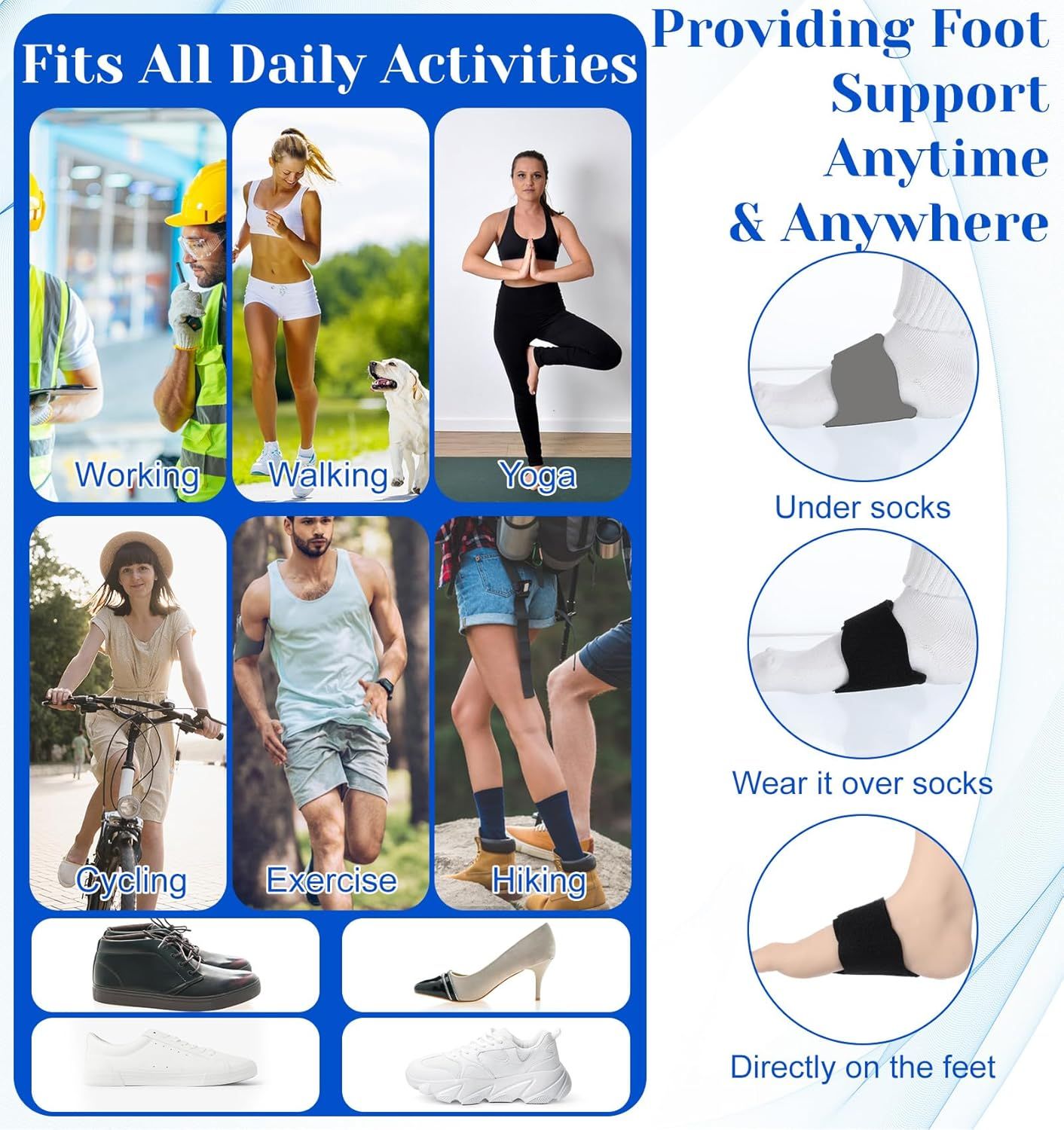 2 Pcs Plantar Fasciitis Relief, Adjustable Arch Support Neoprene Flat Foot Corrector Fallen Arch Supports Pads for Plantar Fasciitis, Gel Pads Bands Wear Over or Under Socks, Black 1 Pair - Image 8