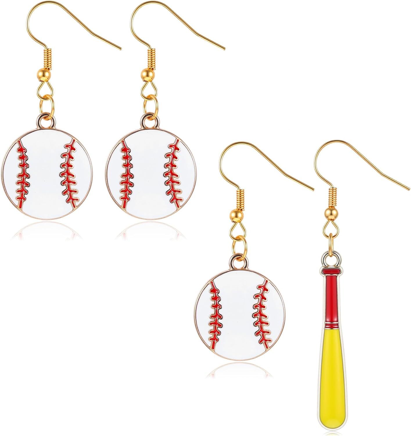 Baseball Earrings, Dangle Baseball Earrings for Women, Sports Jewelry Softball Player Gift (White, Yellow and Red) - Image 1