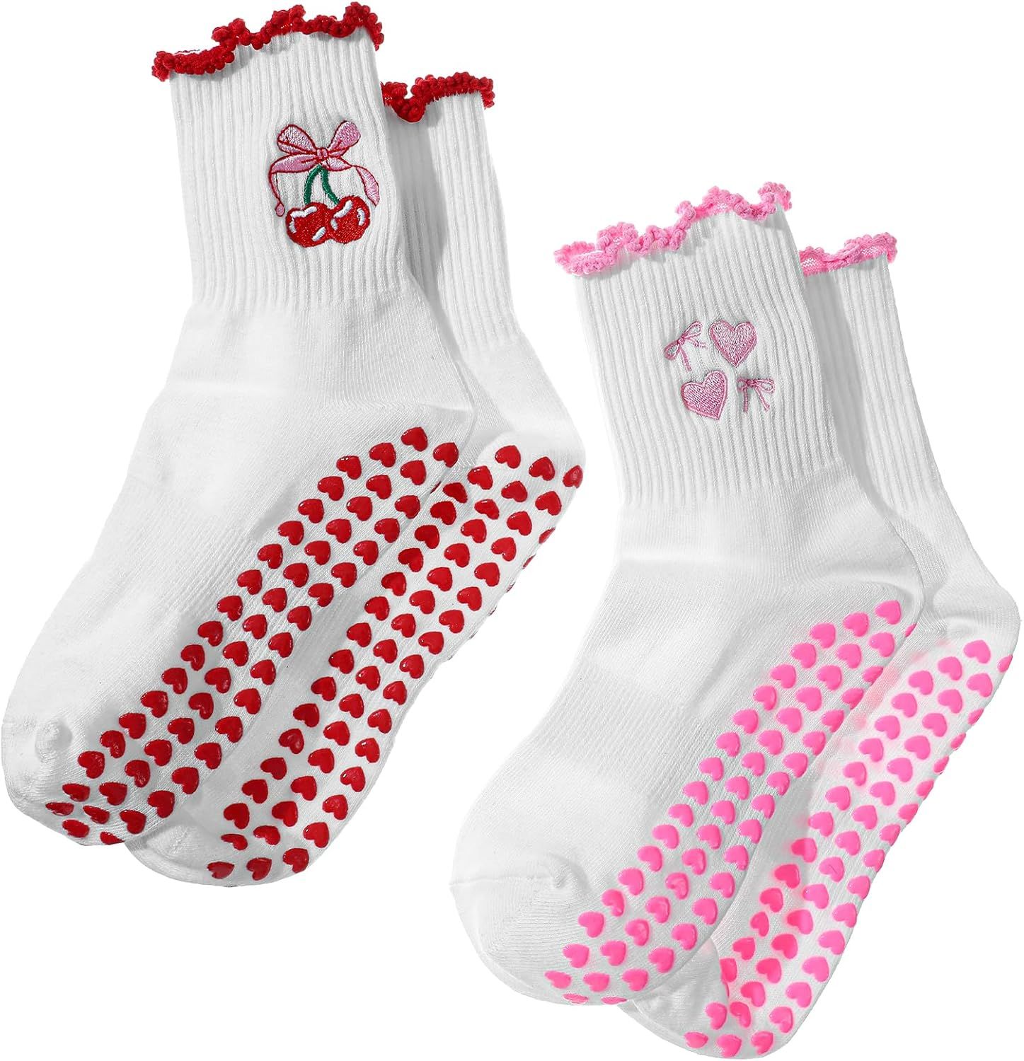 2 Pair Pilates Socks with Grips, Red Pink Non-Slip Pilates Yoga Grip Socks for Women, Cute Ruffle Design, Grippy Sticky Also Perfect for Barre & Fitness, Red & Pink - Image 1
