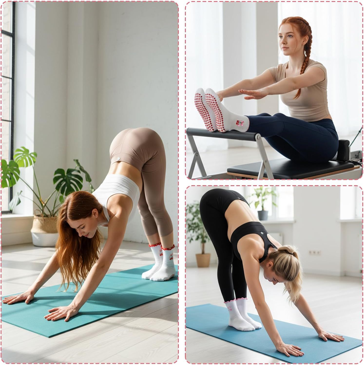 2 Pair Pilates Socks with Grips, Red Pink Non-Slip Pilates Yoga Grip Socks for Women, Cute Ruffle Design, Grippy Sticky Also Perfect for Barre & Fitness, Red & Pink - Image 2