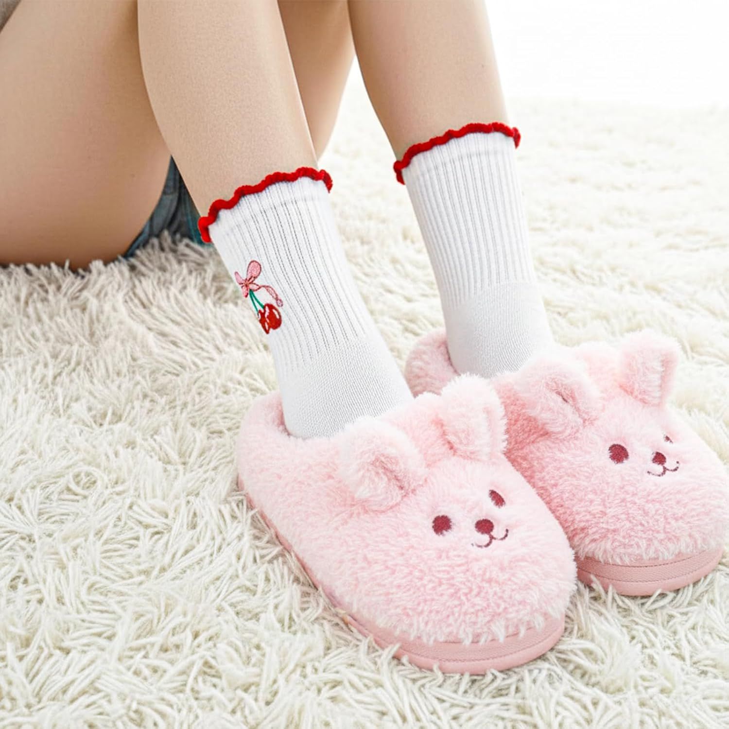 2 Pair Pilates Socks with Grips, Red Pink Non-Slip Pilates Yoga Grip Socks for Women, Cute Ruffle Design, Grippy Sticky Also Perfect for Barre & Fitness, Red & Pink - Image 3