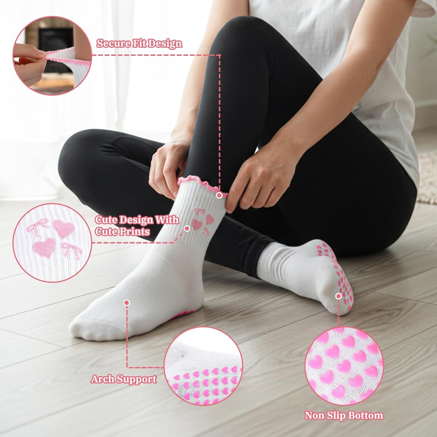 2 Pair Pilates Socks with Grips, Red Pink Non-Slip Pilates Yoga Grip Socks for Women, Cute Ruffle Design, Grippy Sticky Also Perfect for Barre & Fitness, Red & Pink - Image 4
