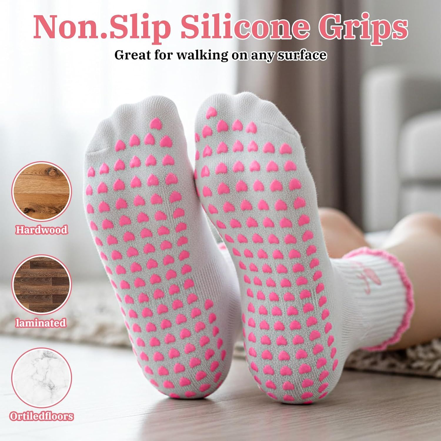 2 Pair Pilates Socks with Grips, Red Pink Non-Slip Pilates Yoga Grip Socks for Women, Cute Ruffle Design, Grippy Sticky Also Perfect for Barre & Fitness, Red & Pink - Image 6