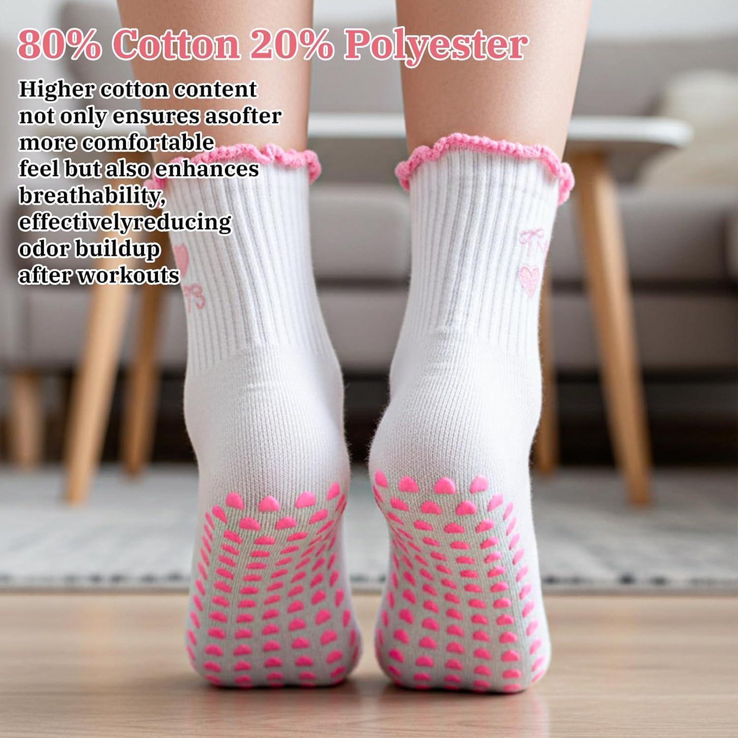 2 Pair Pilates Socks with Grips, Red Pink Non-Slip Pilates Yoga Grip Socks for Women, Cute Ruffle Design, Grippy Sticky Also Perfect for Barre & Fitness, Red & Pink - Image 7
