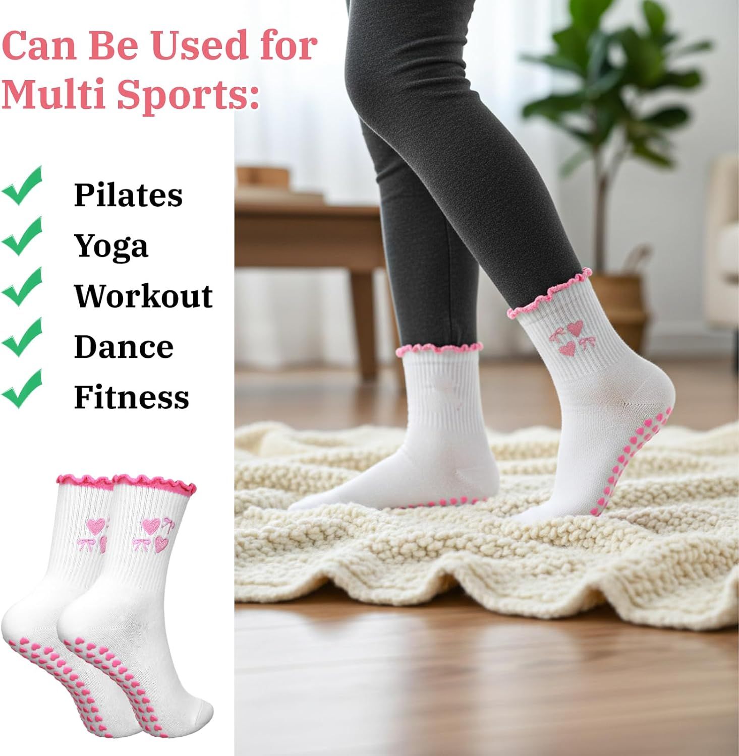2 Pair Pilates Socks with Grips, Red Pink Non-Slip Pilates Yoga Grip Socks for Women, Cute Ruffle Design, Grippy Sticky Also Perfect for Barre & Fitness, Red & Pink - Image 8