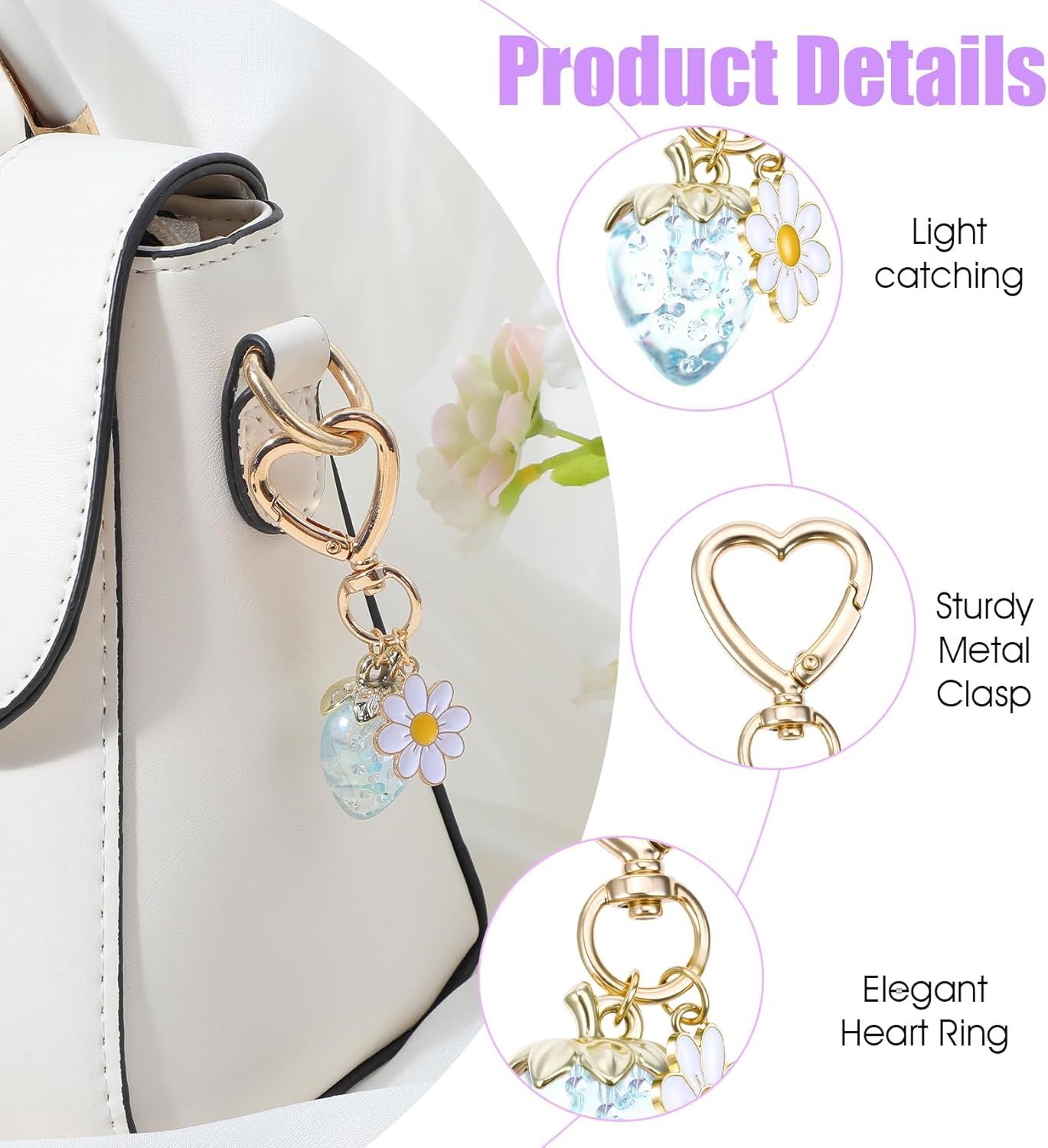 Strawberry Purse Charm, 4 Pcs Strawberry Keychain Charm for Girls Handbag (4 Colors, 2.83 Inch) - Image 2