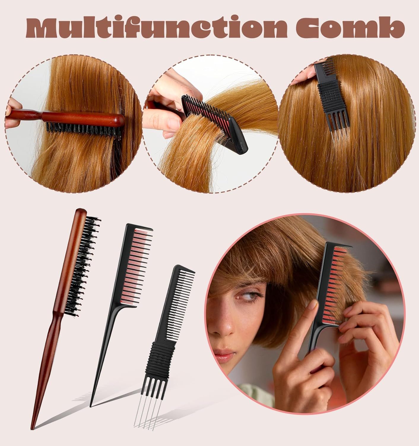 Teasing Combs for Women, 3 Pcs Hair Teasing Comb, Teaser Comb for Women Fine Hair, Slick Back, Volume, Backcombing - Image 7
