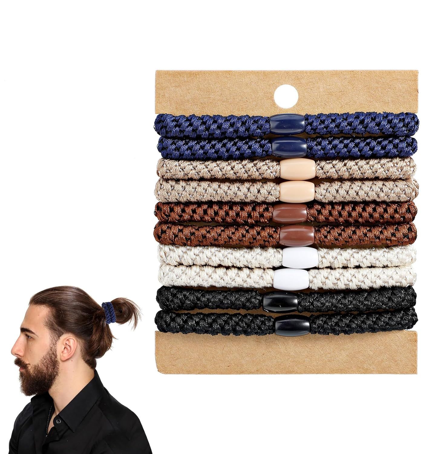 Mens Hair Ties, 10 Pack Hair Ties for Men Guys with Smooth Beads (Multicolor) - Image 1