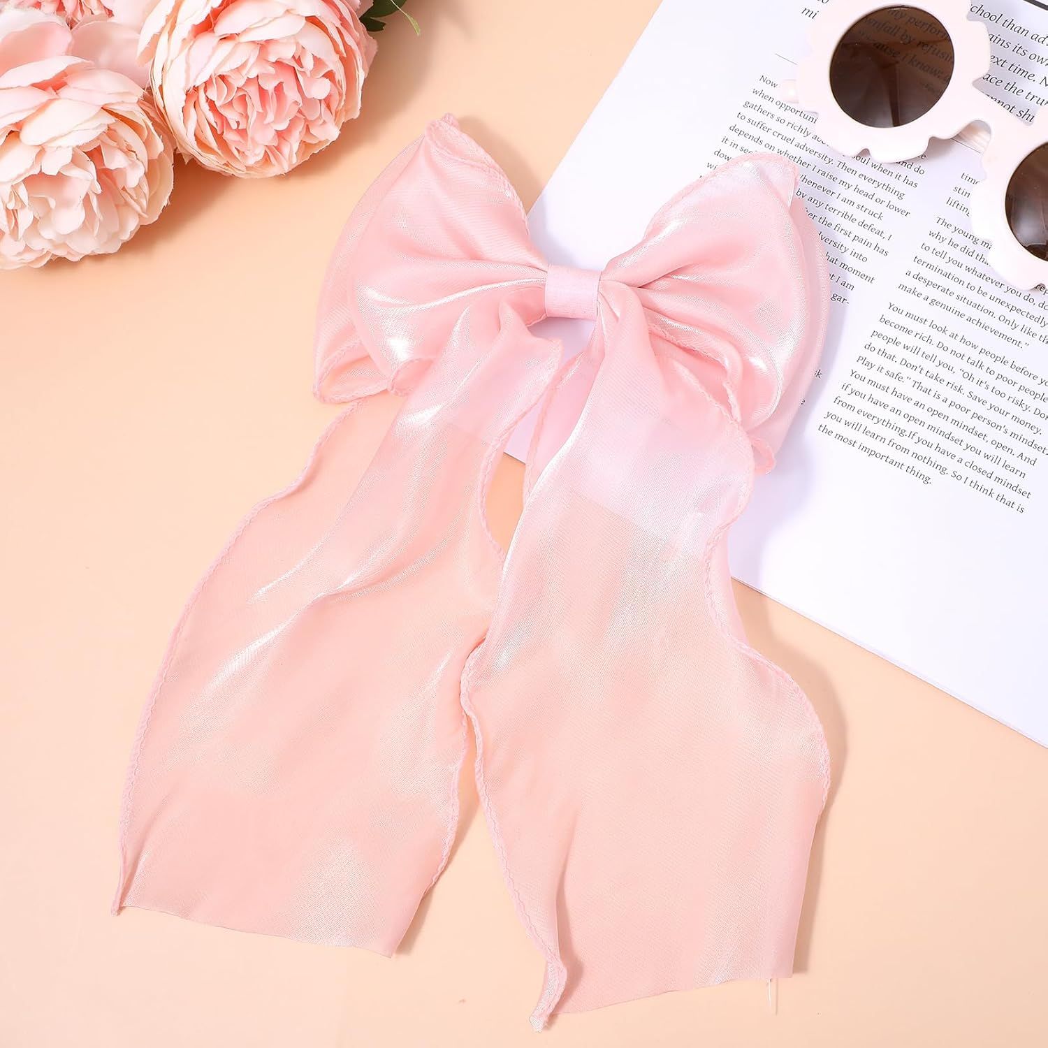 Large Pink Bow, Pink Bows for Hair Clip with Long Ribbon Tail for Women & Girls, - Image 2