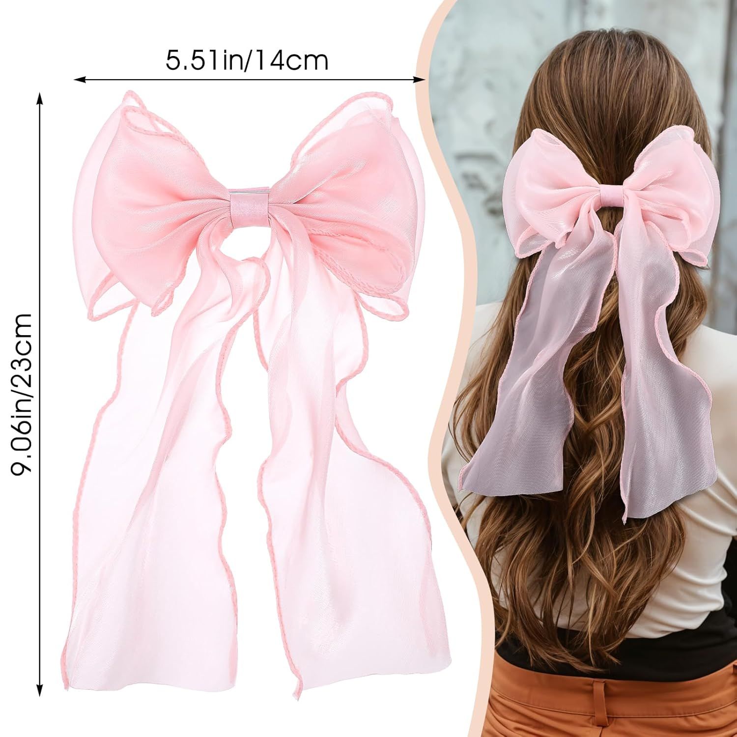 Large Pink Bow, Pink Bows for Hair Clip with Long Ribbon Tail for Women & Girls, - Image 3