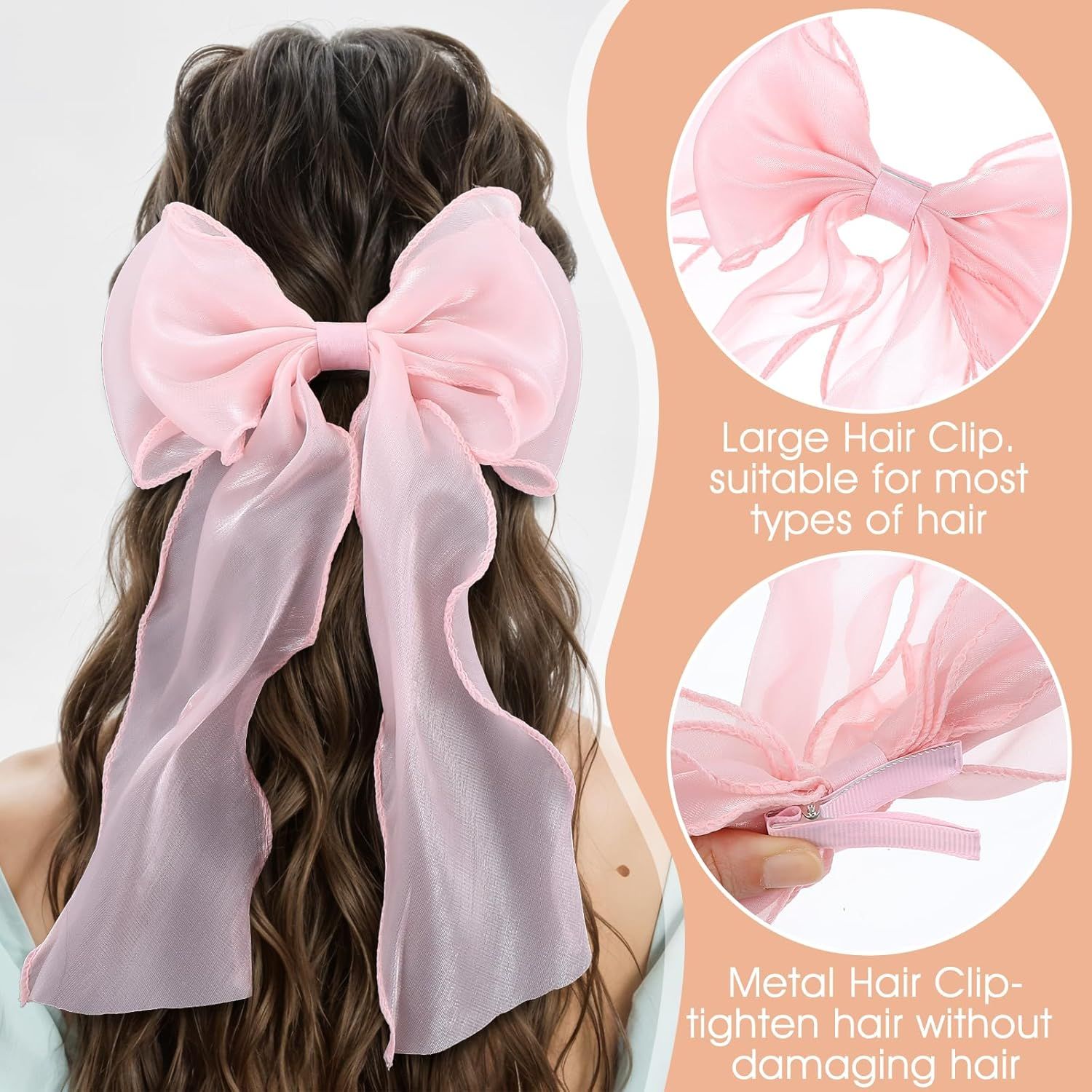 Large Pink Bow, Pink Bows for Hair Clip with Long Ribbon Tail for Women & Girls, - Image 4