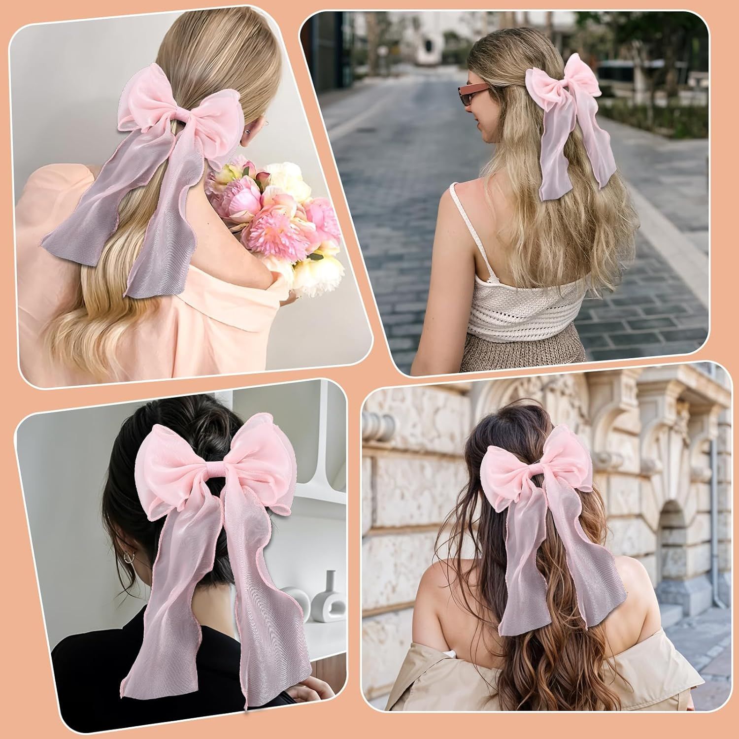 Large Pink Bow, Pink Bows for Hair Clip with Long Ribbon Tail for Women & Girls, - Image 5