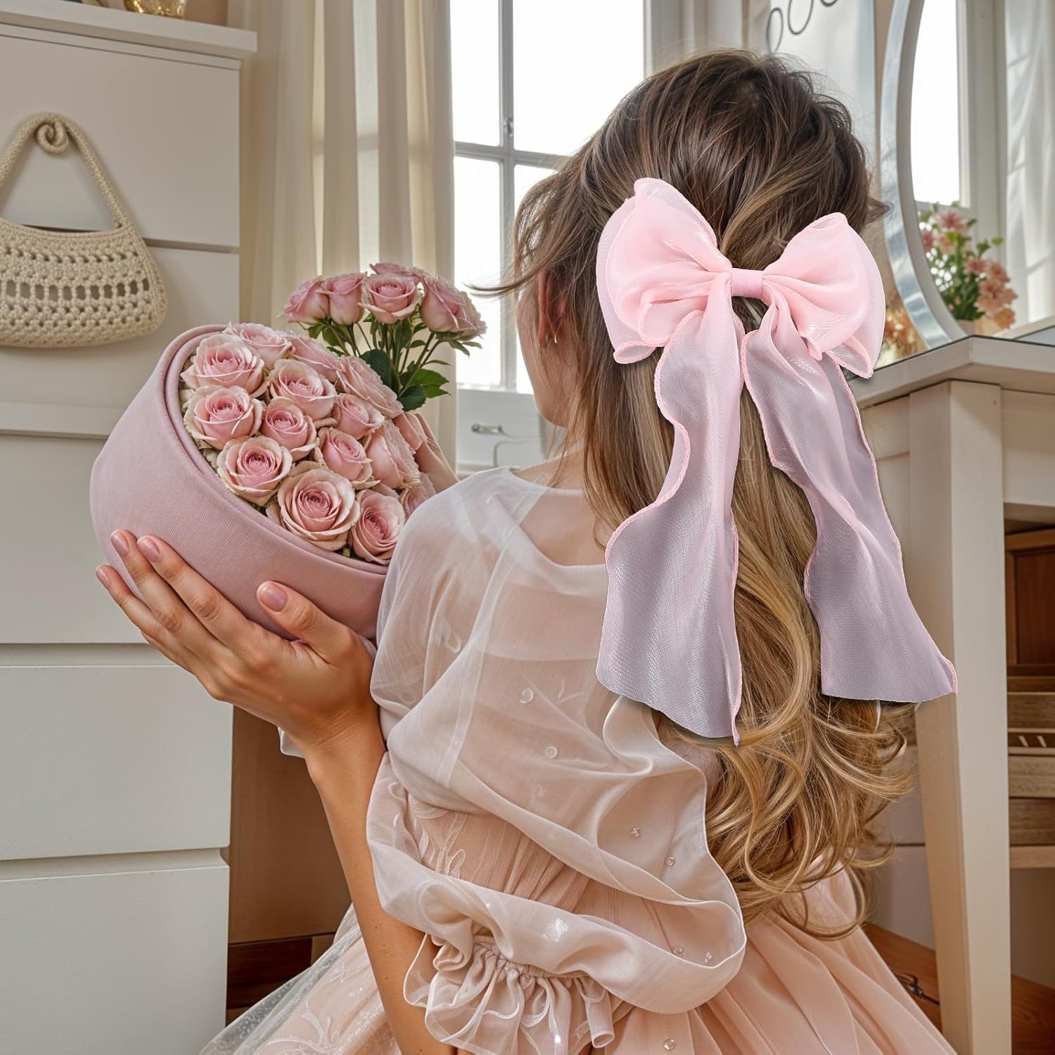 Large Pink Bow, Pink Bows for Hair Clip with Long Ribbon Tail for Women & Girls, - Image 6