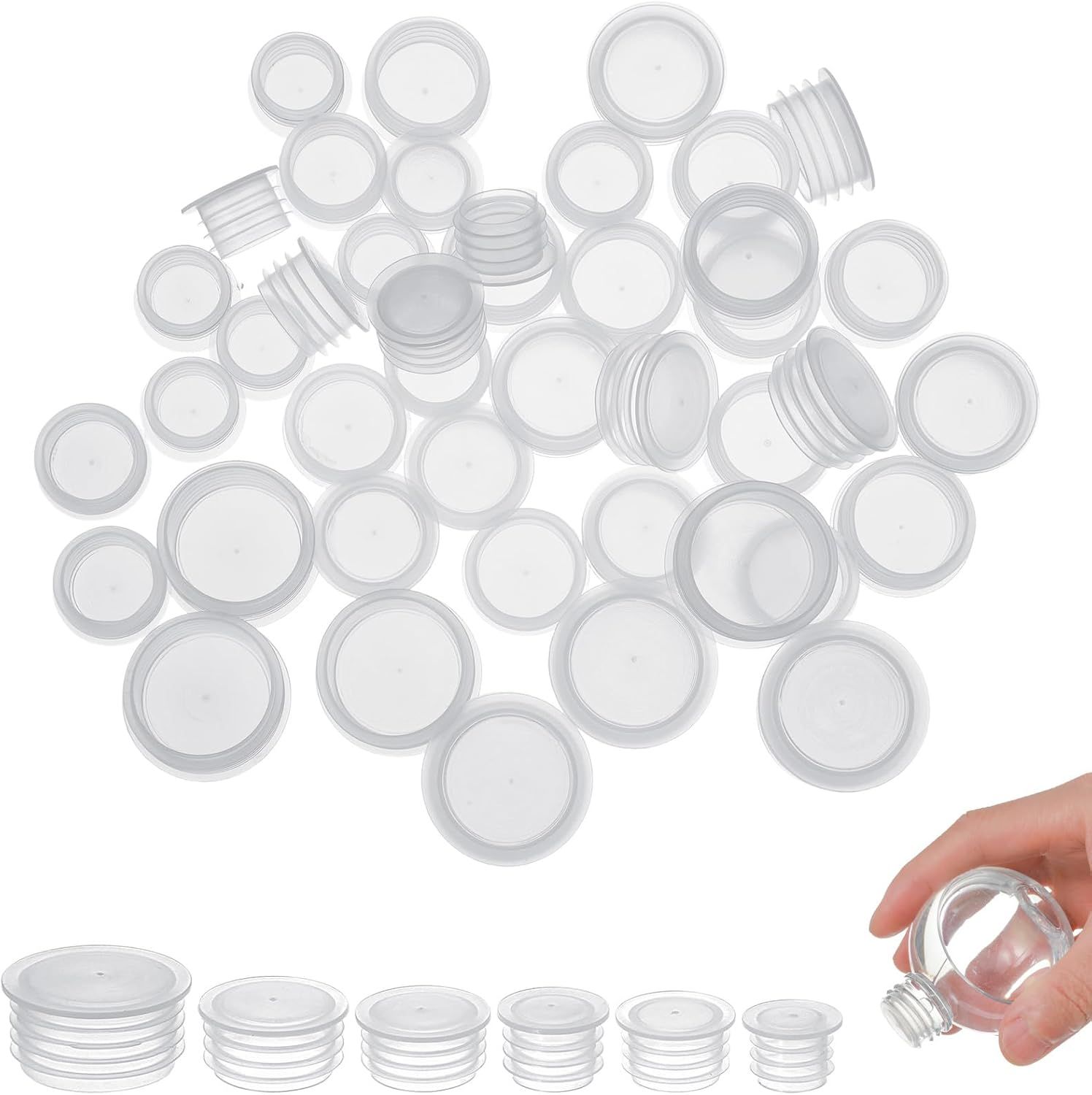 60Pcs Salt and Pepper Stoppers Plugs, 6 Sizes (13/15/17/18/19/23 mm) Plastic Bottle Plugs, Leak-Proof Clear Caps for Spice Containers & Shaker Bottles, Reusable - Image 1