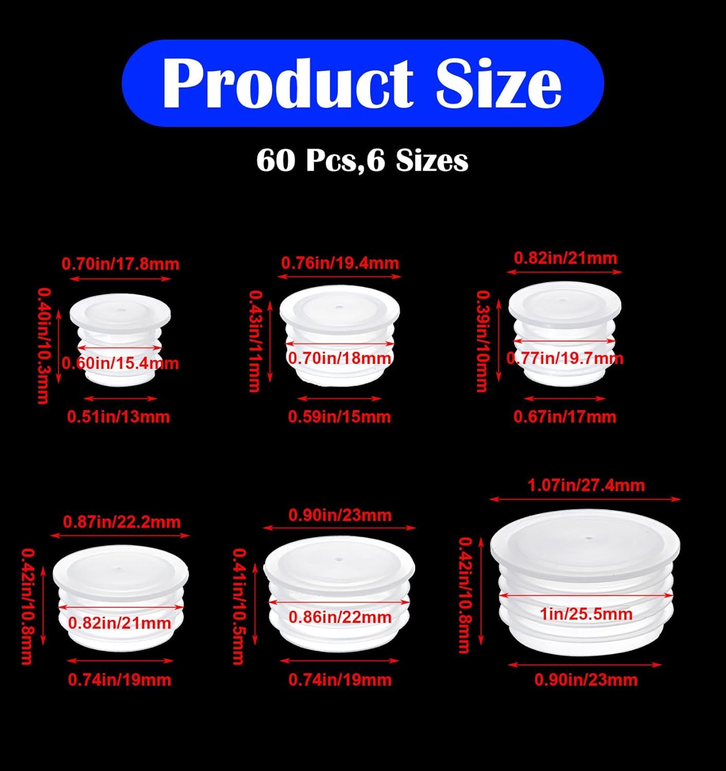 60Pcs Salt and Pepper Stoppers Plugs, 6 Sizes (13/15/17/18/19/23 mm) Plastic Bottle Plugs, Leak-Proof Clear Caps for Spice Containers & Shaker Bottles, Reusable - Image 3