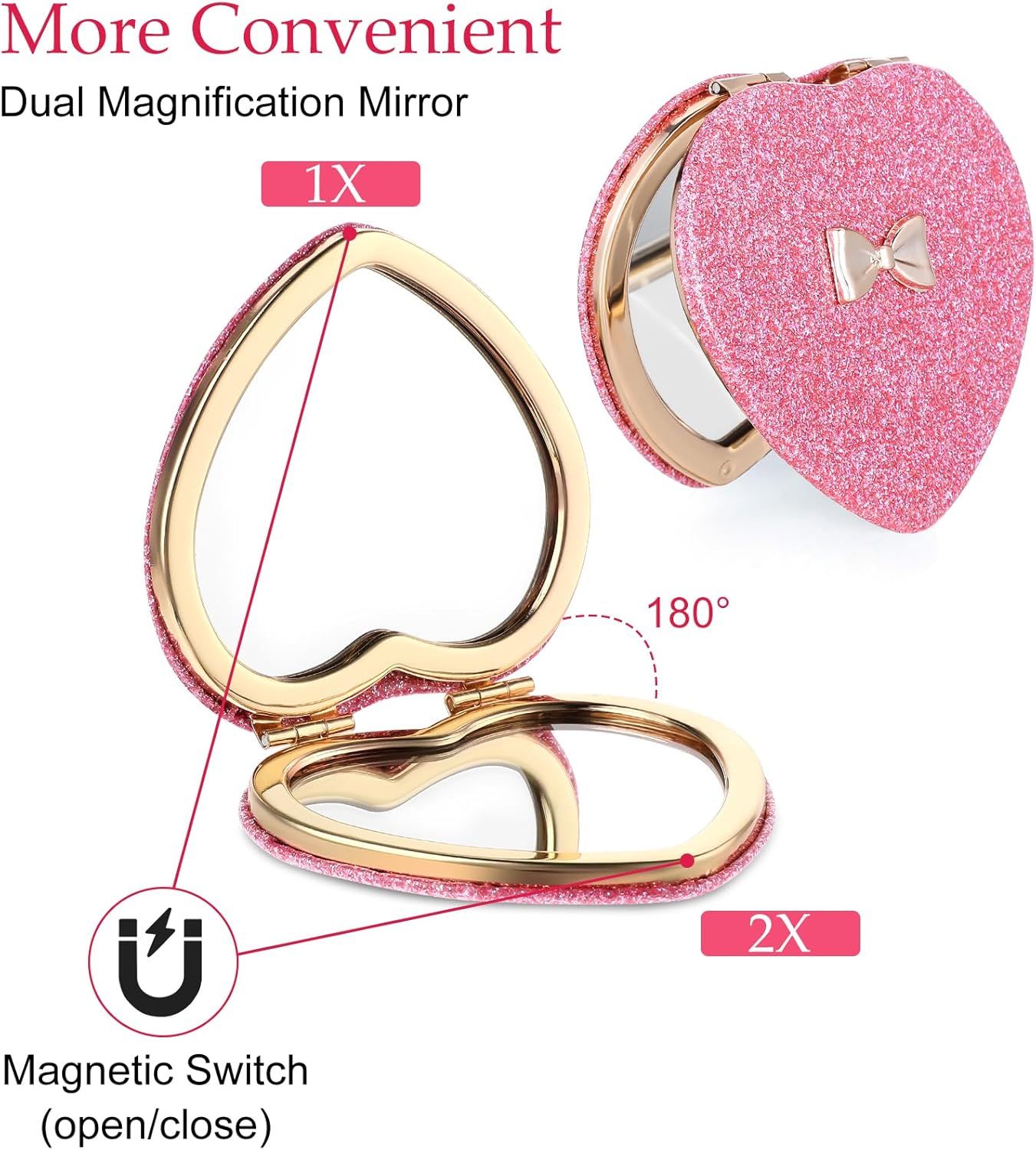 Pink Compact Mirror, Double-Sided Heart Compact Mirror, Magnetic Folding Purse Mirrors Compacts for Girls, Kids, Home Office, Valentine's Day - Image 3