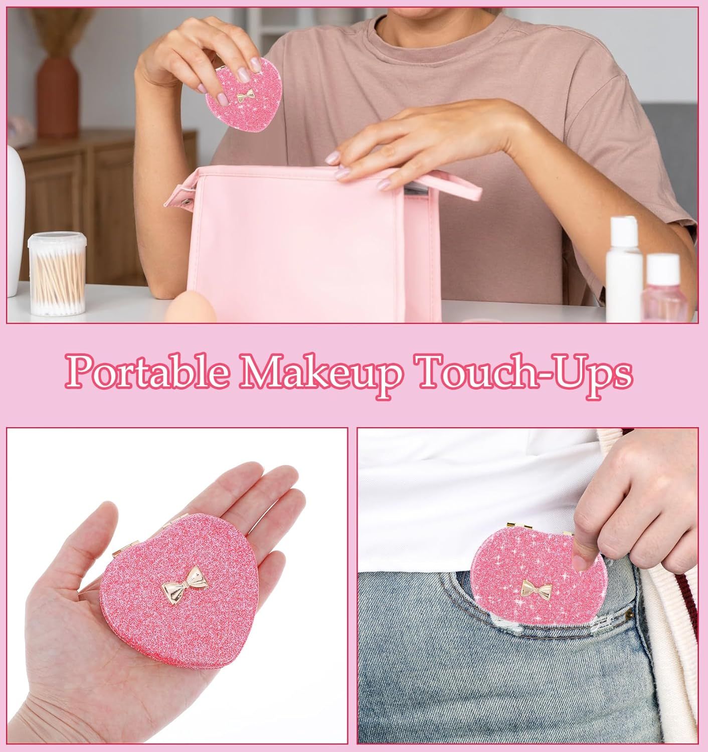 Pink Compact Mirror, Double-Sided Heart Compact Mirror, Magnetic Folding Purse Mirrors Compacts for Girls, Kids, Home Office, Valentine's Day - Image 8