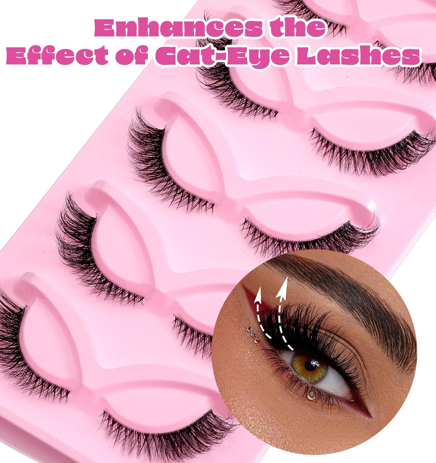 5 Pair Fox Eye Lashes, Fox-Eye Faux Mink Set Reusable Cat Eye Lashes, Wispy Lightweight Strips for Daily & Party Makeup Looks - Image 4