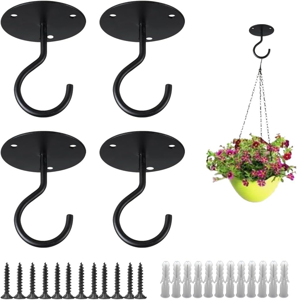 4Pack Ceiling Hooks for Hanging Plants - Heavy Duty Plant Hooks for Hanging Baskets,Lanterns,Wind Chimes,Planters,Plant Hanger Hook,Ceiling Plant Hangers,Outdoor Decoration Hooks (Black) - Image 1