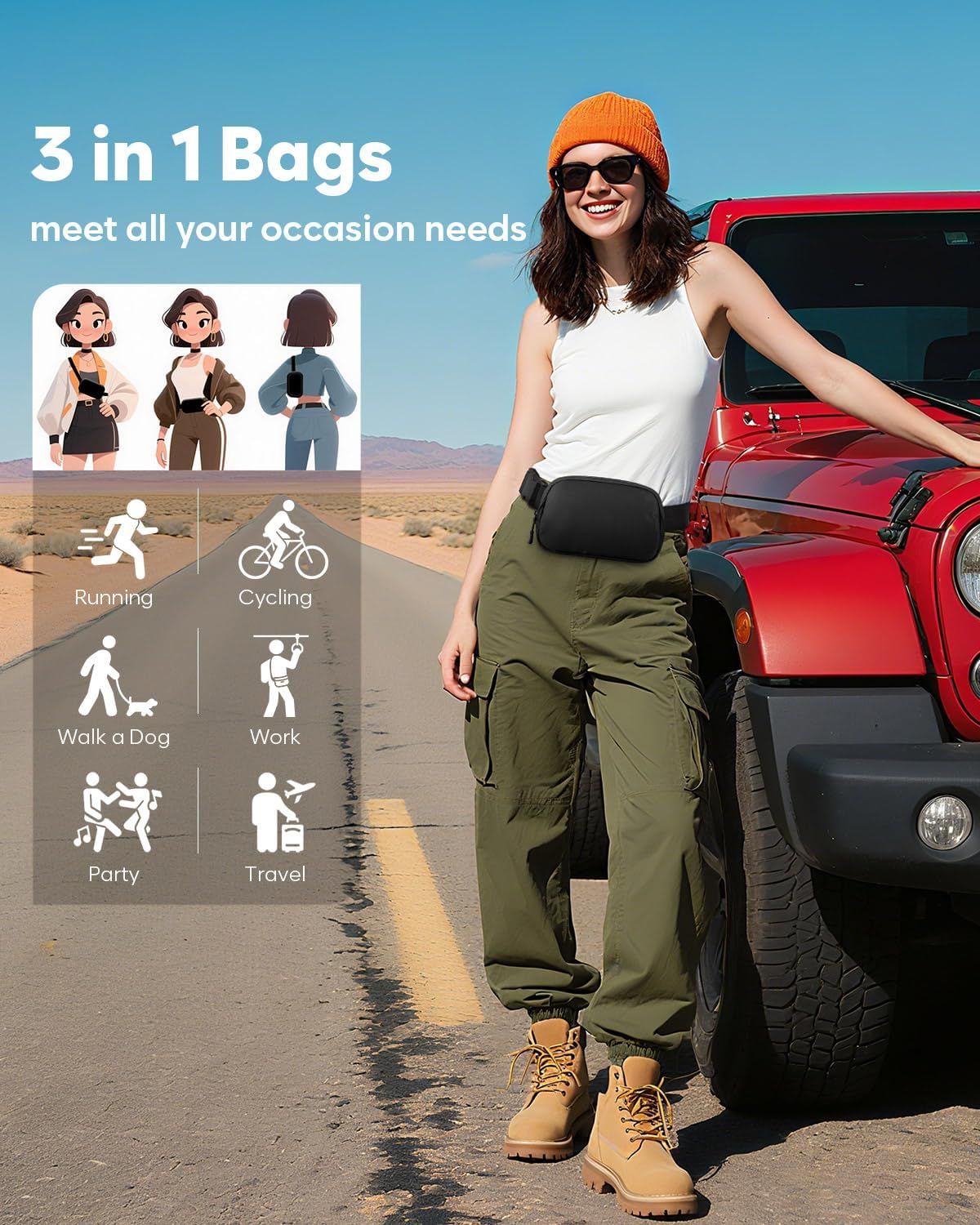 Fanny Packs for Women Cross Body Bag Waterproof Belt Bag with Adjustable Strap and Zipper Back Pocket Small Crossbody Bags Fashion Waist Packs for Workout Travelling(Black) - Image 3
