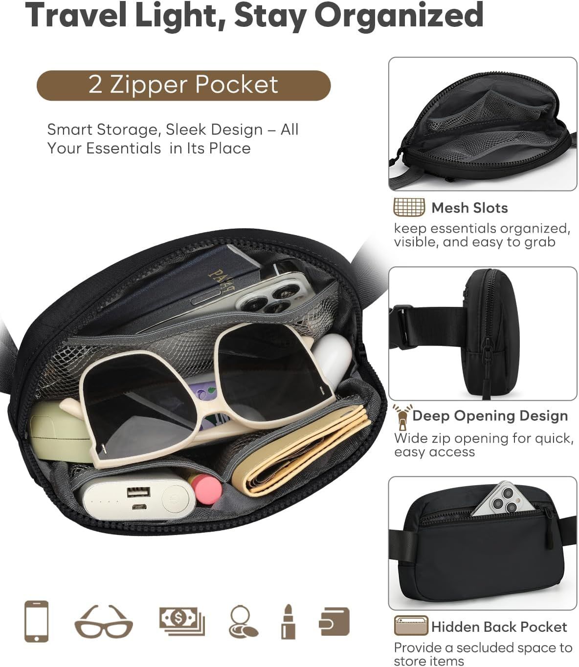 Fanny Packs for Women Cross Body Bag Waterproof Belt Bag with Adjustable Strap and Zipper Back Pocket Small Crossbody Bags Fashion Waist Packs for Workout Travelling(Black) - Image 4